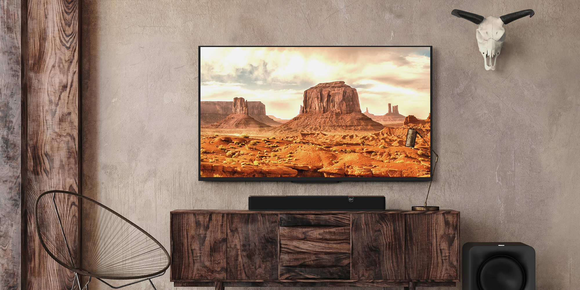 Flexus LP Core 200 on Modern Media Console in Rustic Western Home 2000x1000