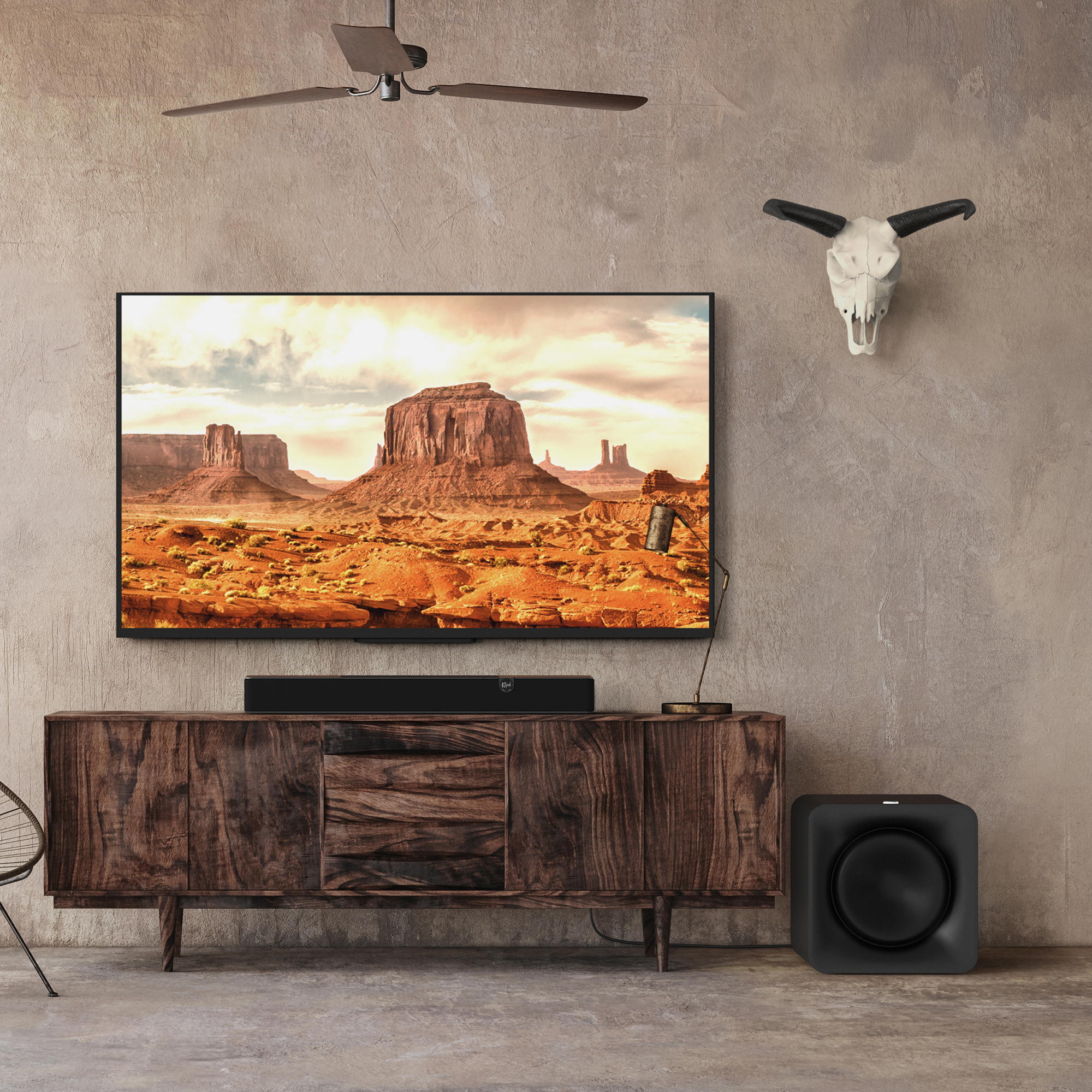 Flexus LP Core 200 on Modern Media Console in Rustic Western Home 2000x2000