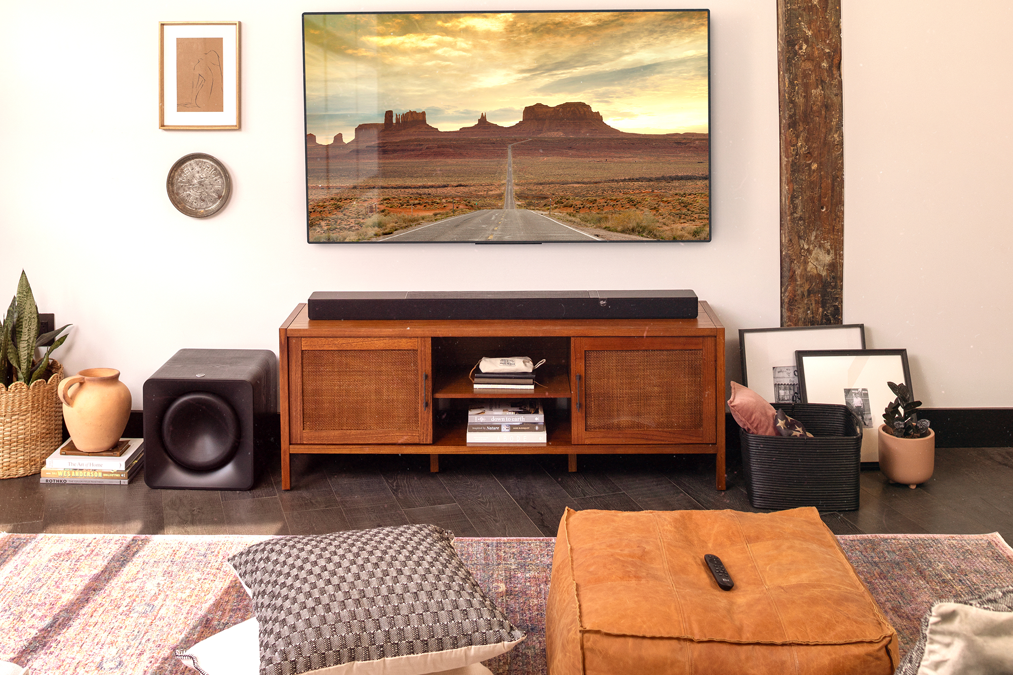Klipsch Flexus Core 300 Powered by Onkyo below tv in large bright living area 2000x1333