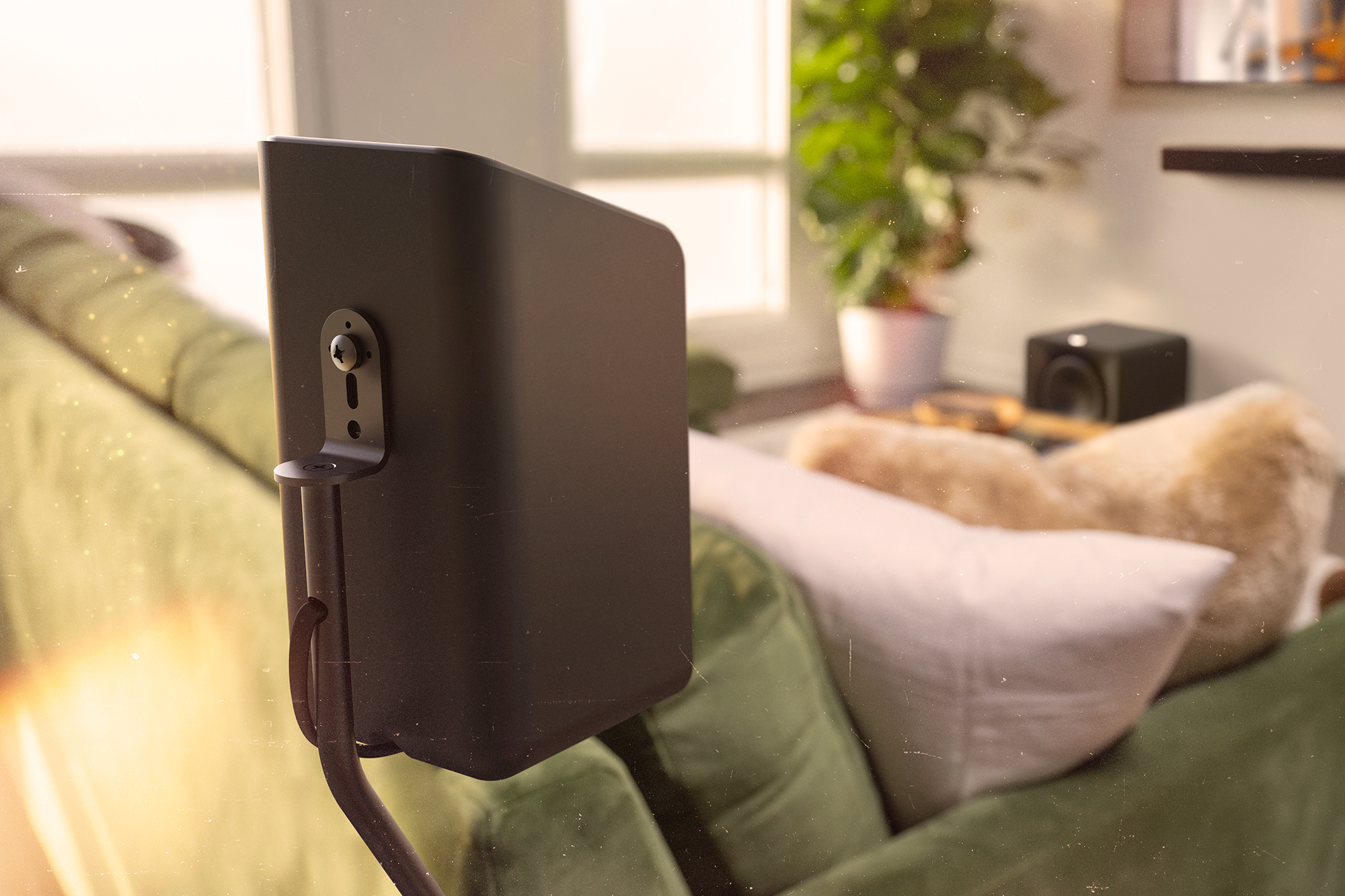 Klipsch Flexus SURR 200 back with single power cord up close on speaker stand b 2000x1333