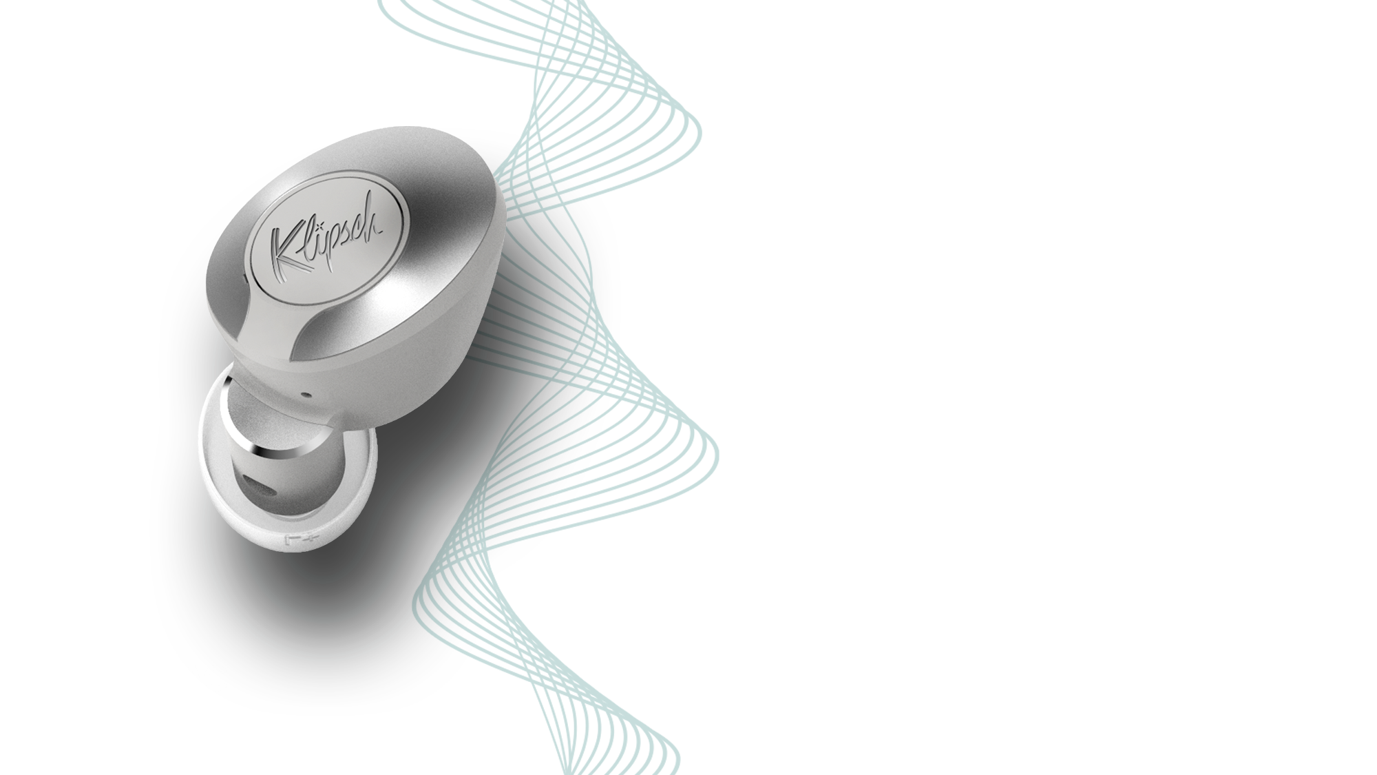 Klipsch T5 II True Wireless ANC earphone with an illustration of wavy lines and a Dirac logo Dektop