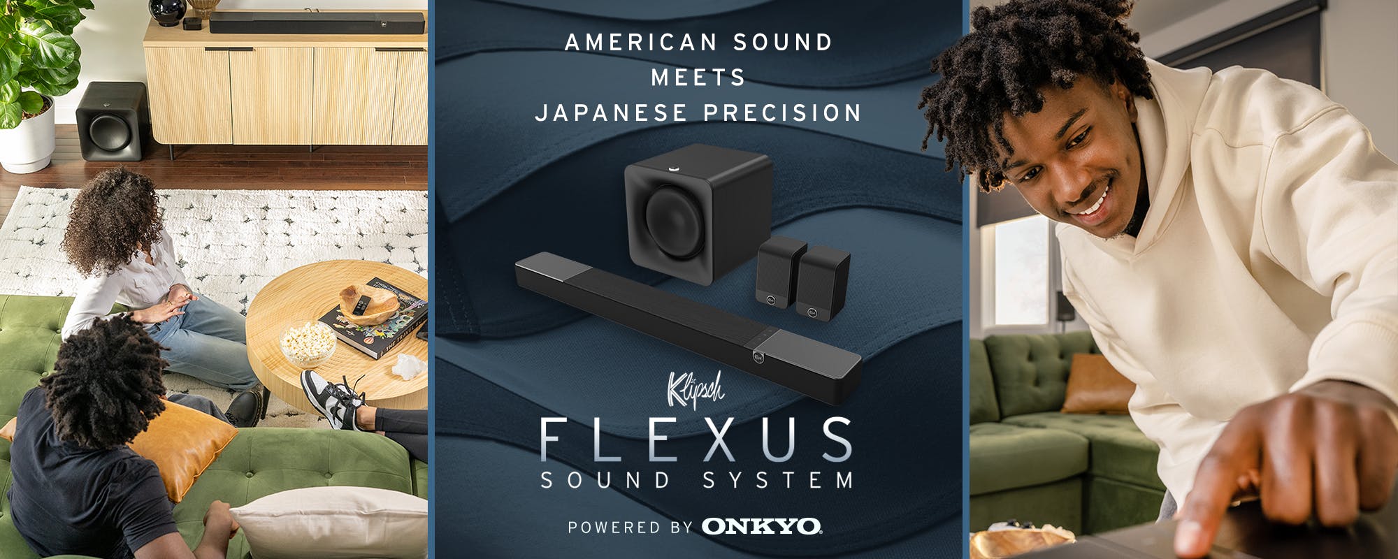 Klipsch Flexus Powered by Onkyo Launch Collage of system in modern home4 2000x800