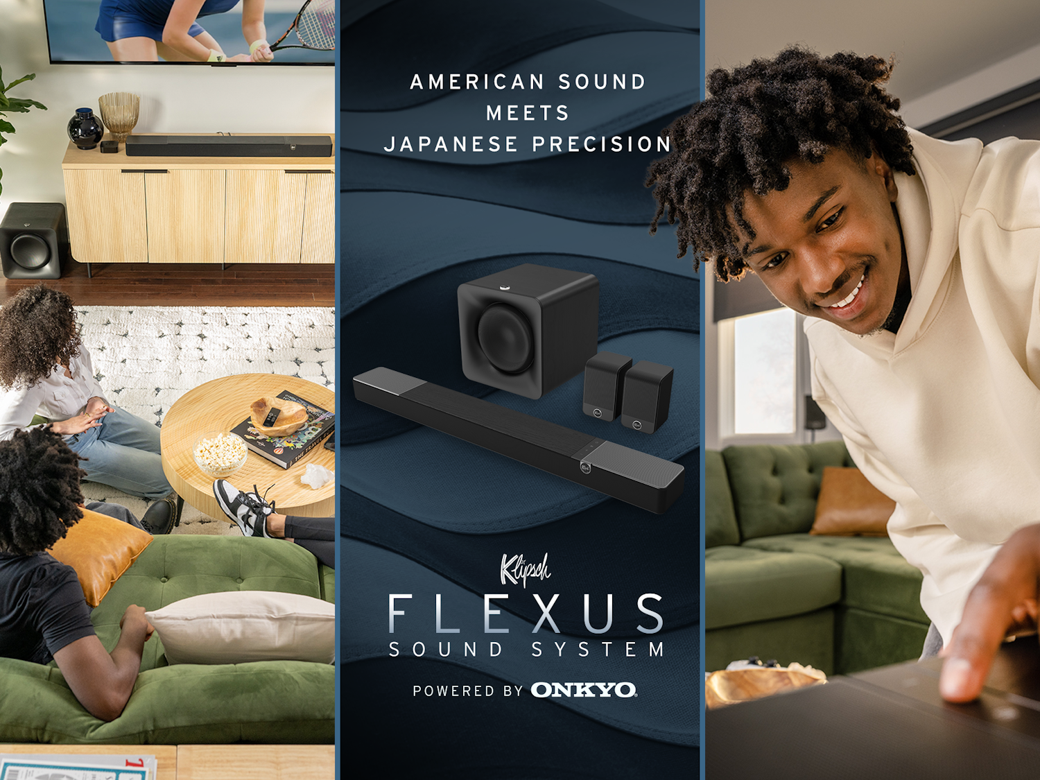 Klipsch Flexus Powered by Onkyo Launch Collage of system in modern home 2000x1500