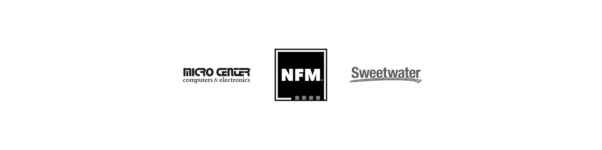 Onkyo Creator Dealer Logos in greyscale Micro Center NFM Sweetwater 2000x500