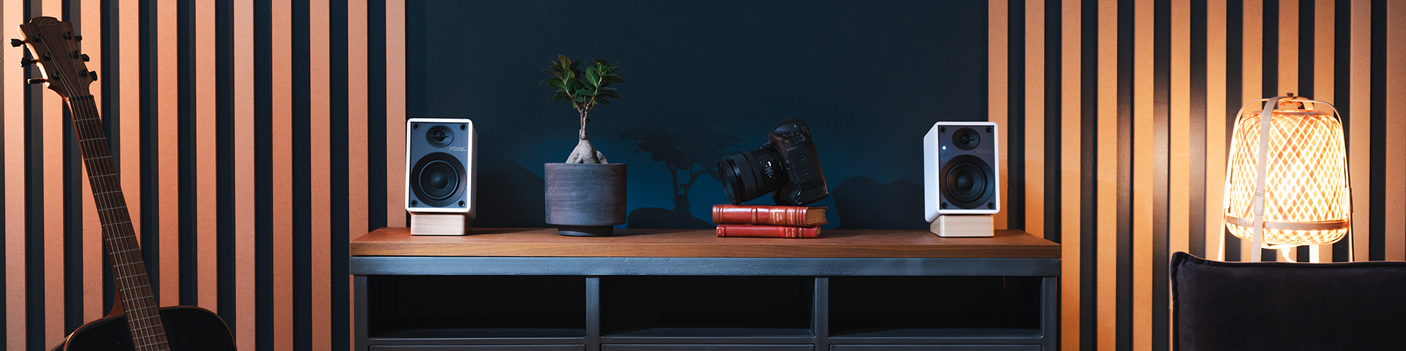 Onkyo Creator Series GX 10 DB Powered Monitors on credenza 2000x500