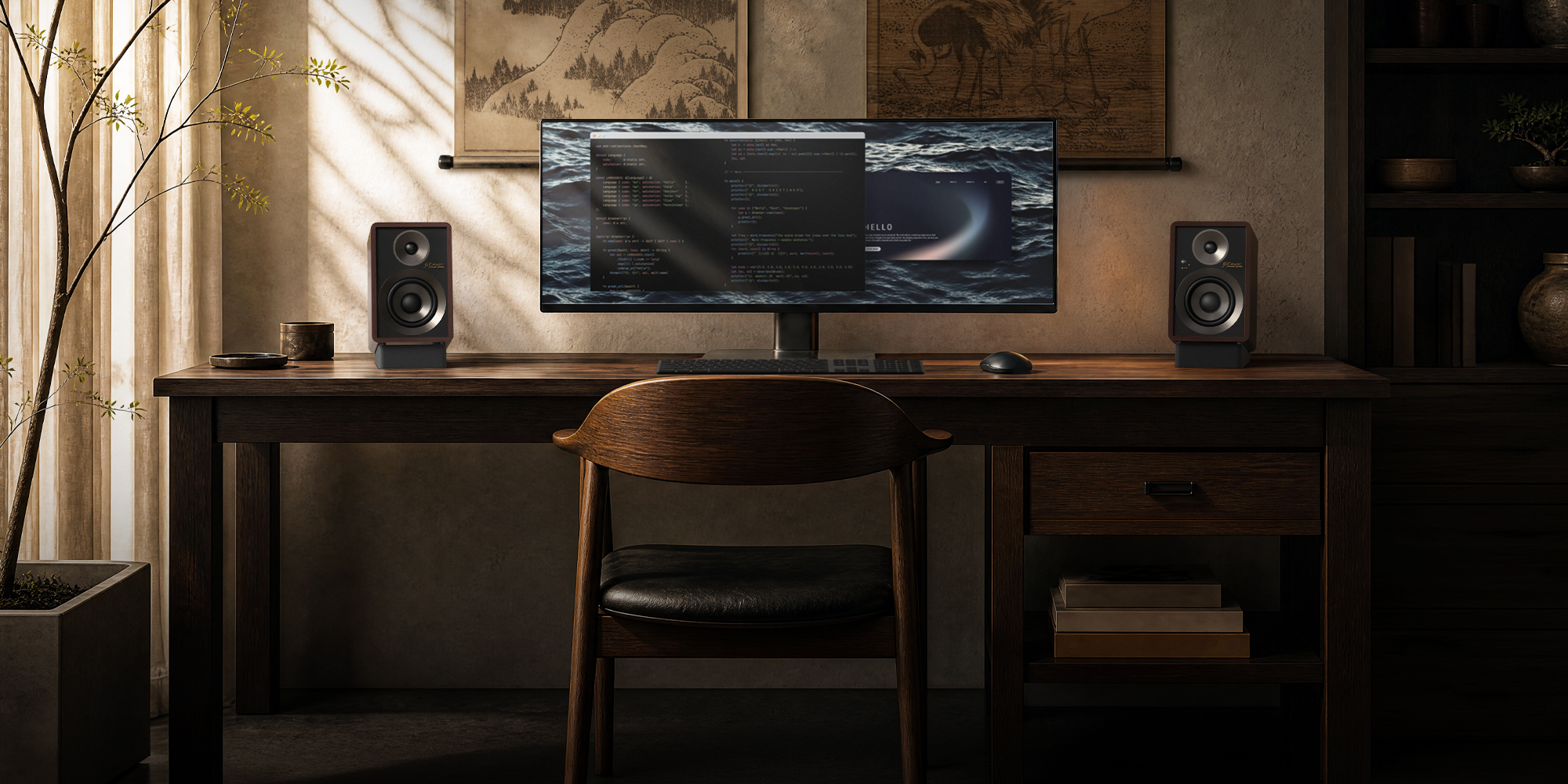 Onkyo Creator80th 30 01 on modern wooden WFH desk 2000x1000