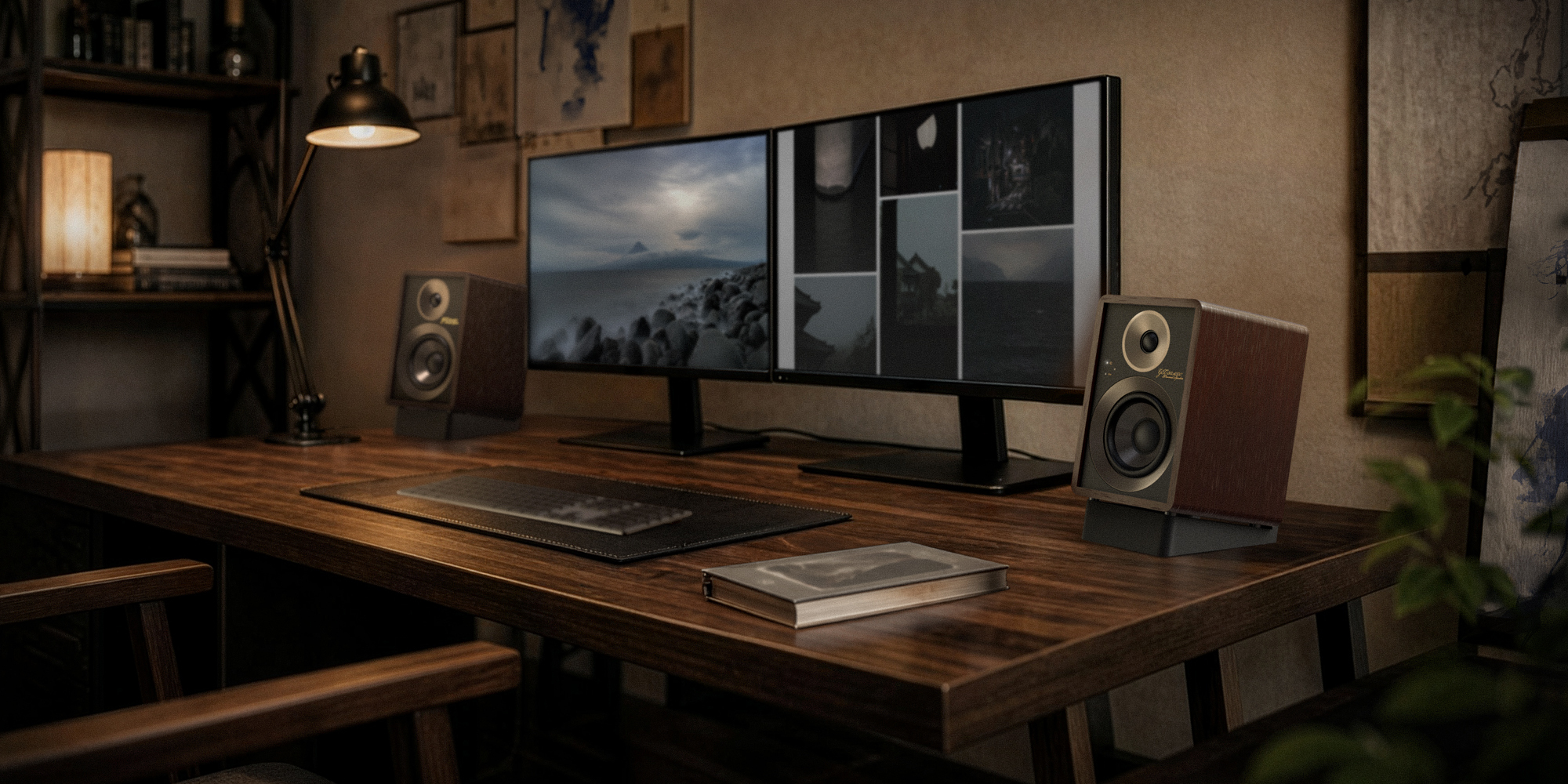 Onkyo Creator80th 30 06 angled shot from corner of modern wood WFH desk 2000x1000