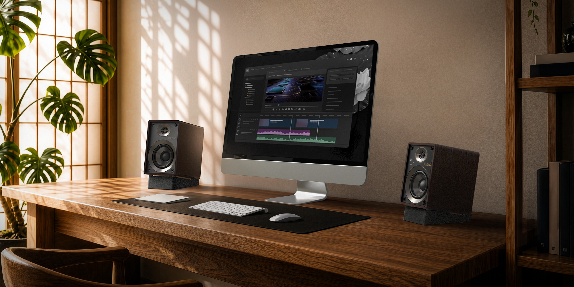 Onkyo GX 10 DB 80th on modern WFH wooden desk near monstera and bookshelf 2000x2000