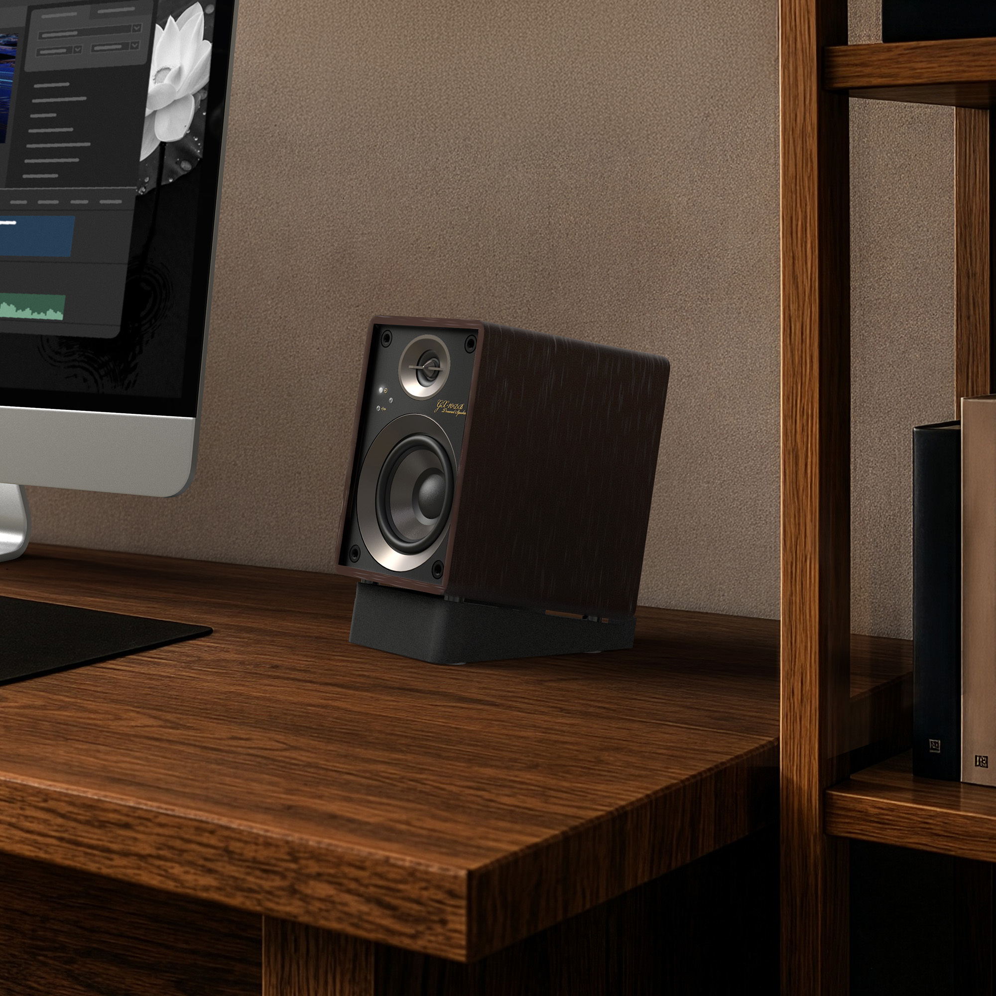 Onkyo GX 10 DB 80th on wooden desk beside computer monitor and bookshelf 2000x2000