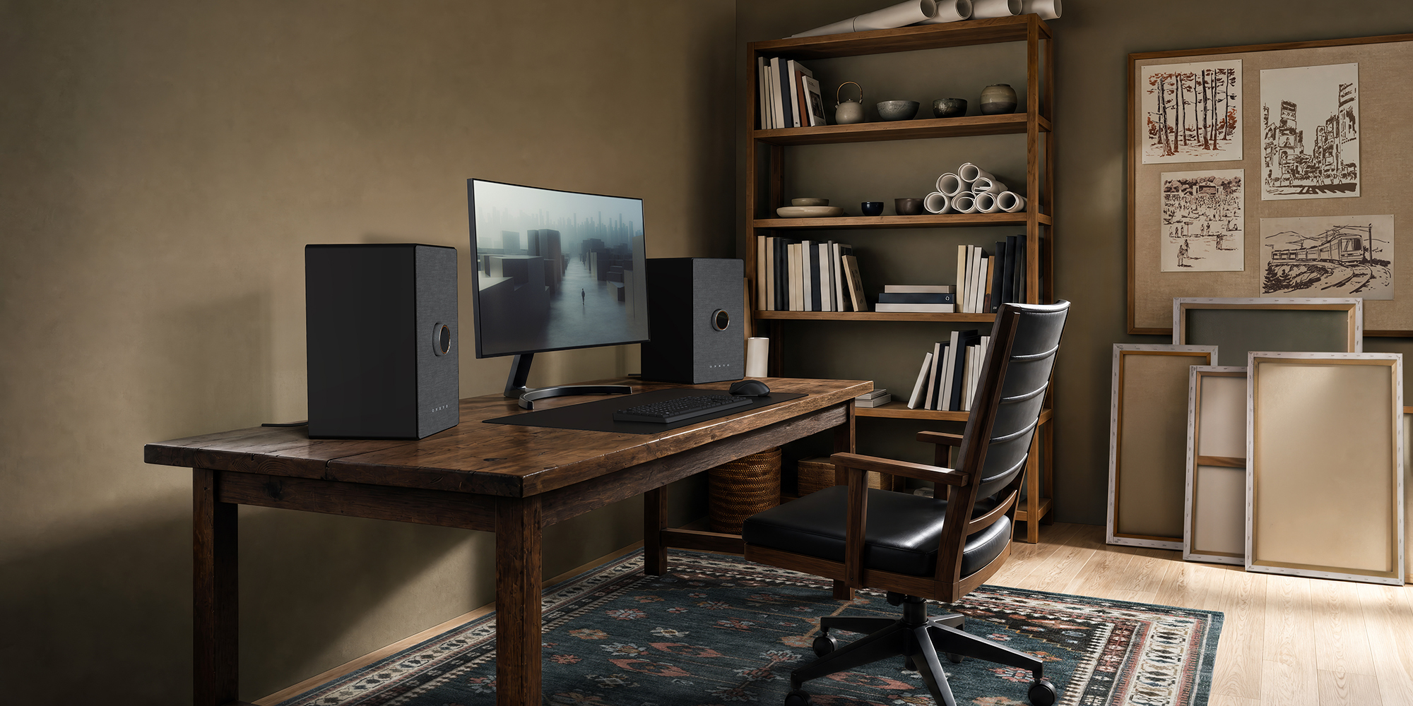 Onkyo GX Ai O flanking a computer on desk 2000x1000
