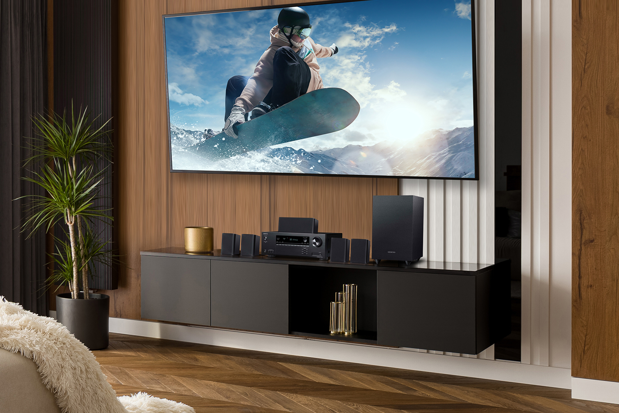 Onkyo HT S3910 in high end living room with snow boarder on tv above 2000x1333