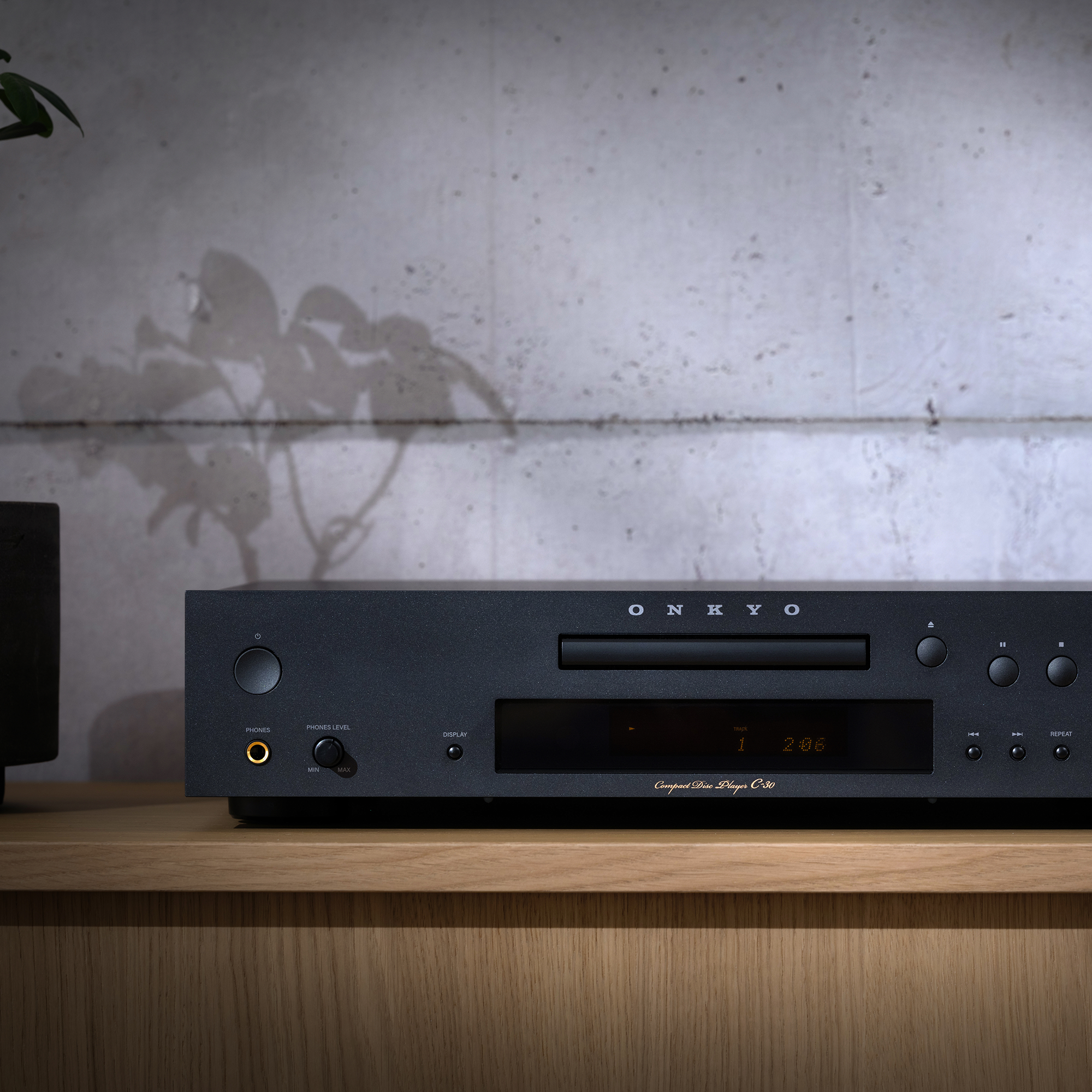 Onkyo Icon C 30 beside bonsai tree on media console 2000x2000