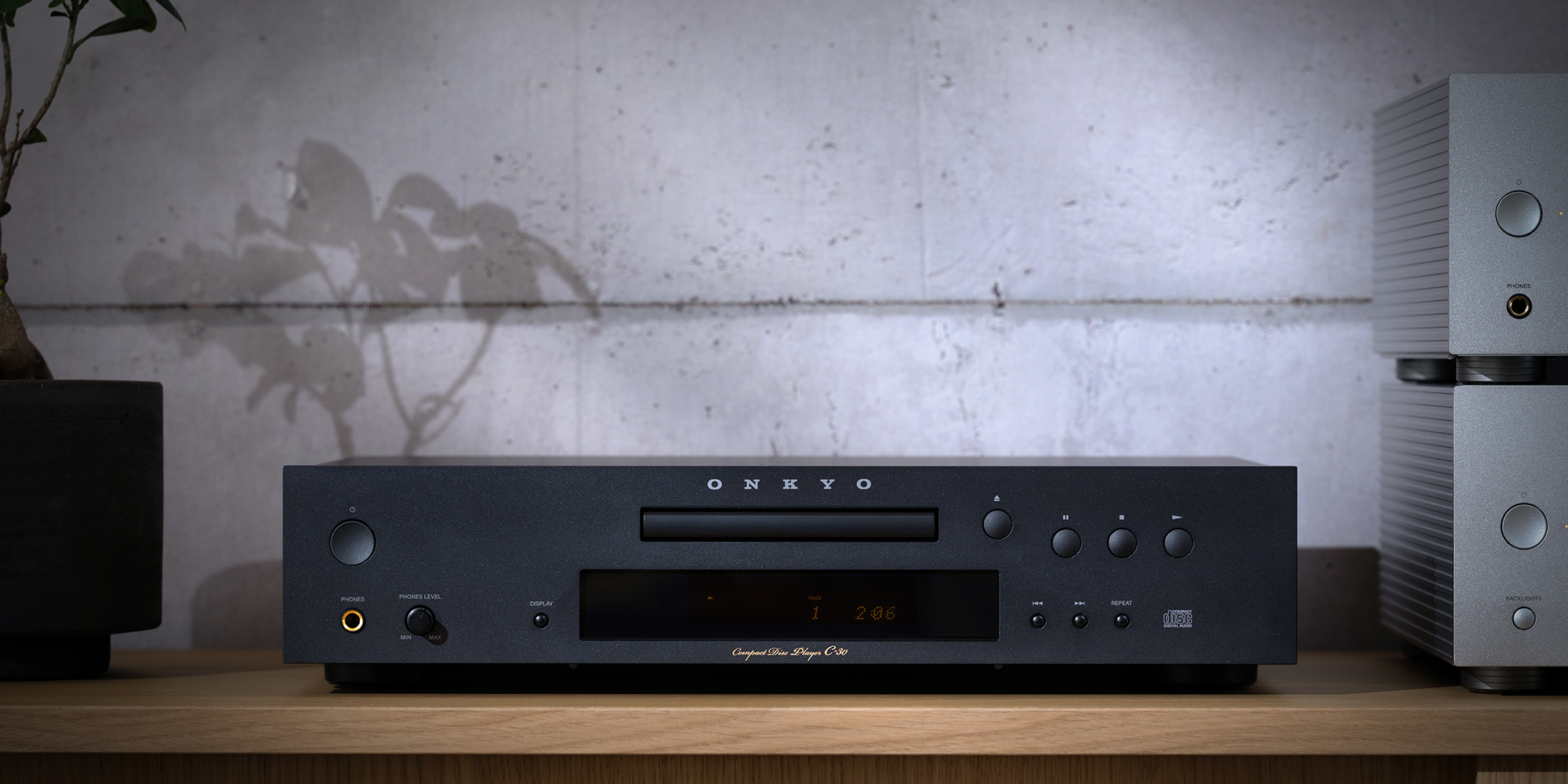 Onkyo Icon C 30 on wood shelving beside Onkyo Icon Series preamplifier and amplifier and small bonsai tree against textured wall 2000x1000