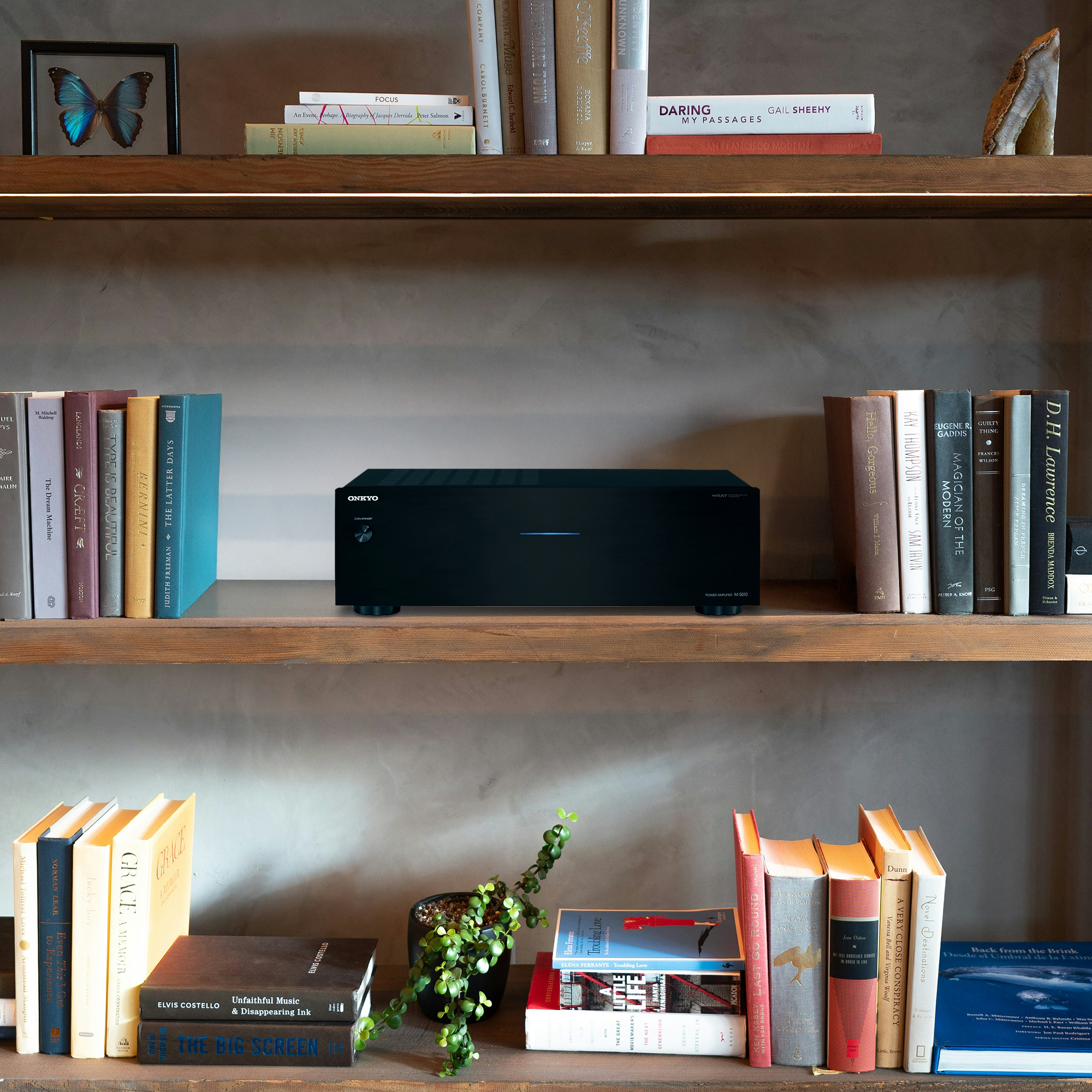 Onkyo M 5010 amplifier on a wood shelf beside books 2000x2000