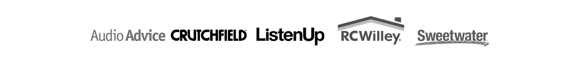 Onkyo Muse Dealer Logos in greyscale Audio Advice Crutchfield Listen Up RC Willey Sweetwater 2000x240