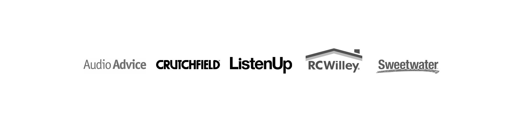 Onkyo Muse Dealer Logos in greyscale Audio Advice Crutchfield Listen Up RC Willey Sweetwater 2000x500