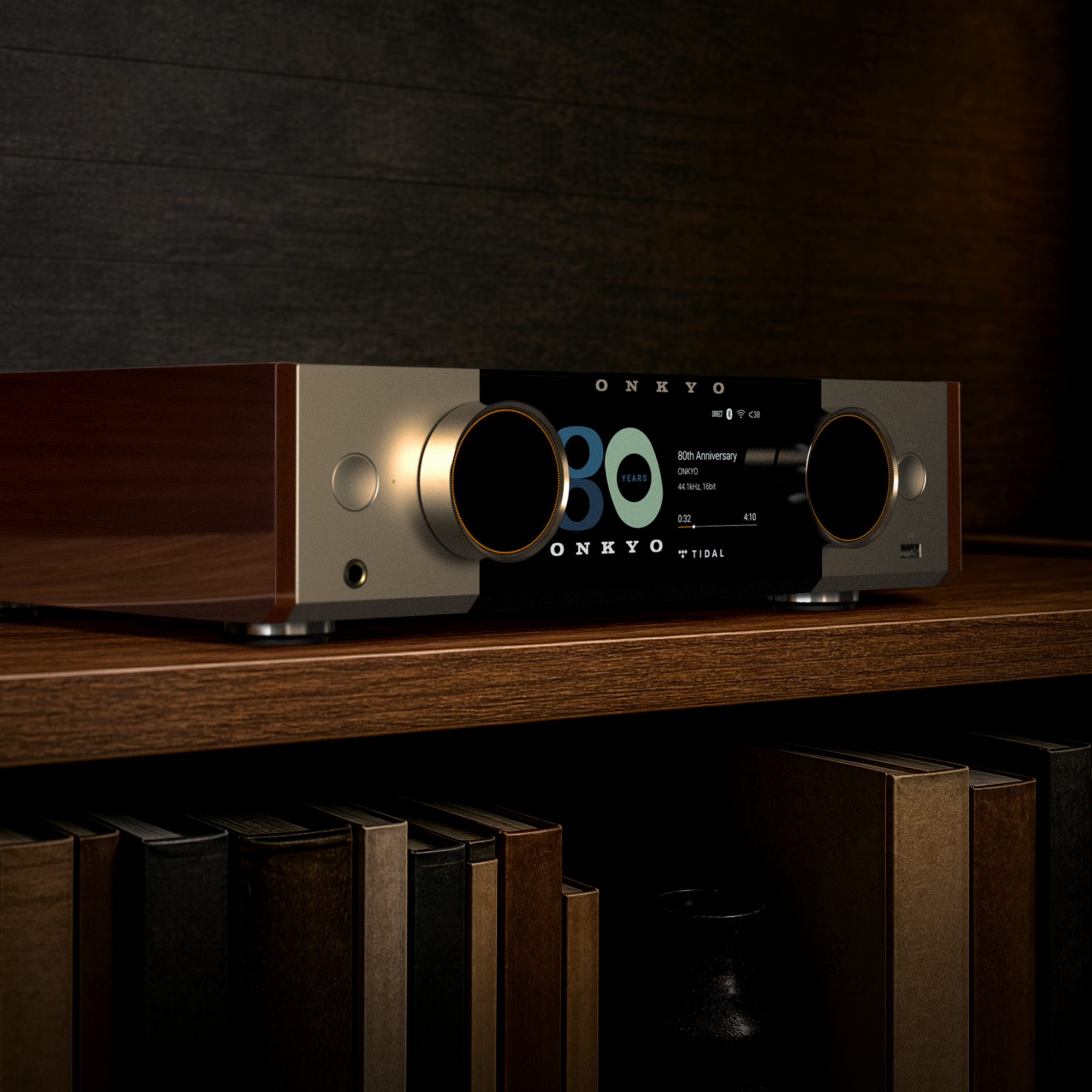 Onkyo Muse80th 02 up close on wood console 2000x2000