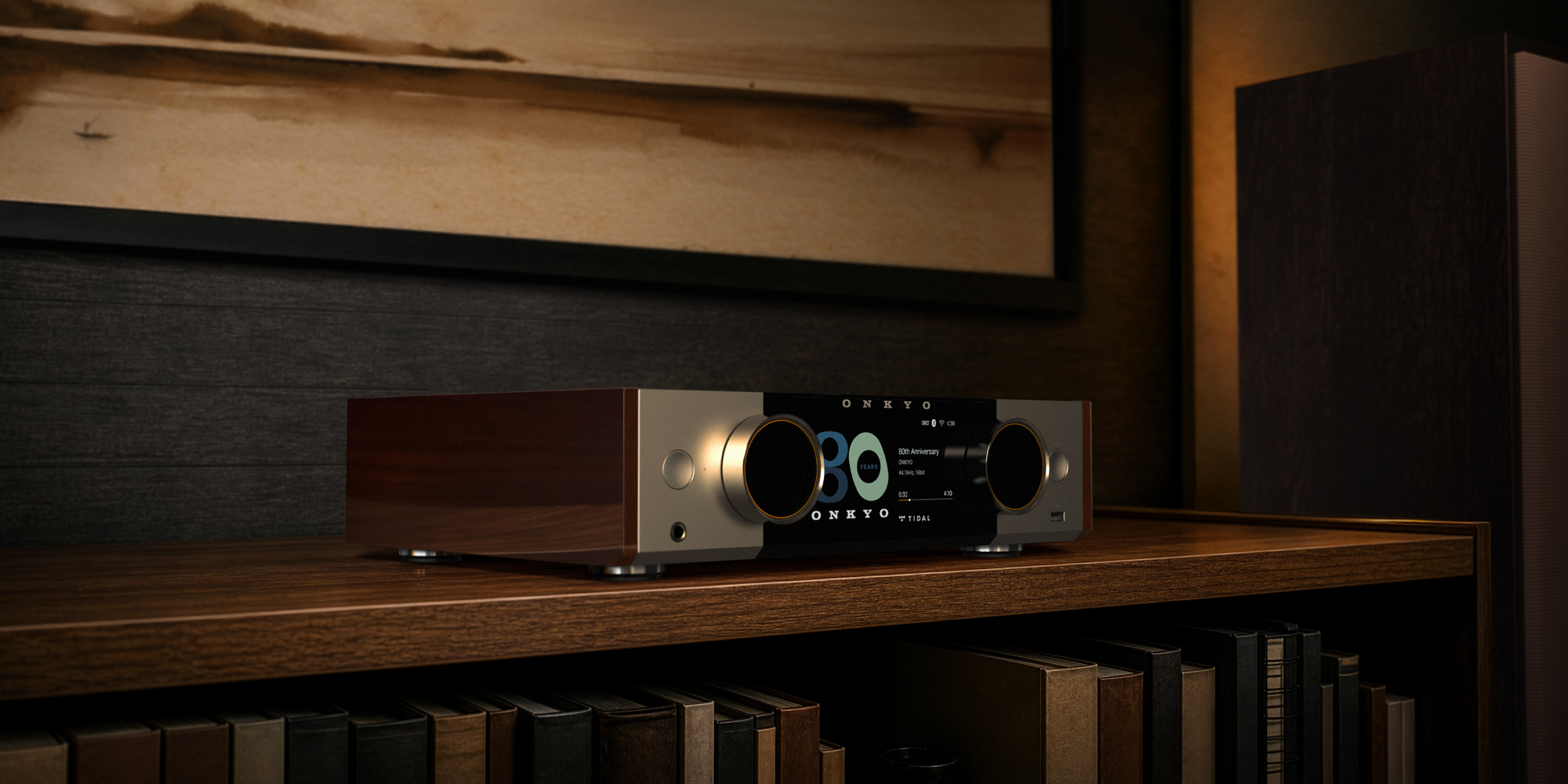 Onkyo Muse80th 05 angled wide shot on wood bookshelf 2000x1000