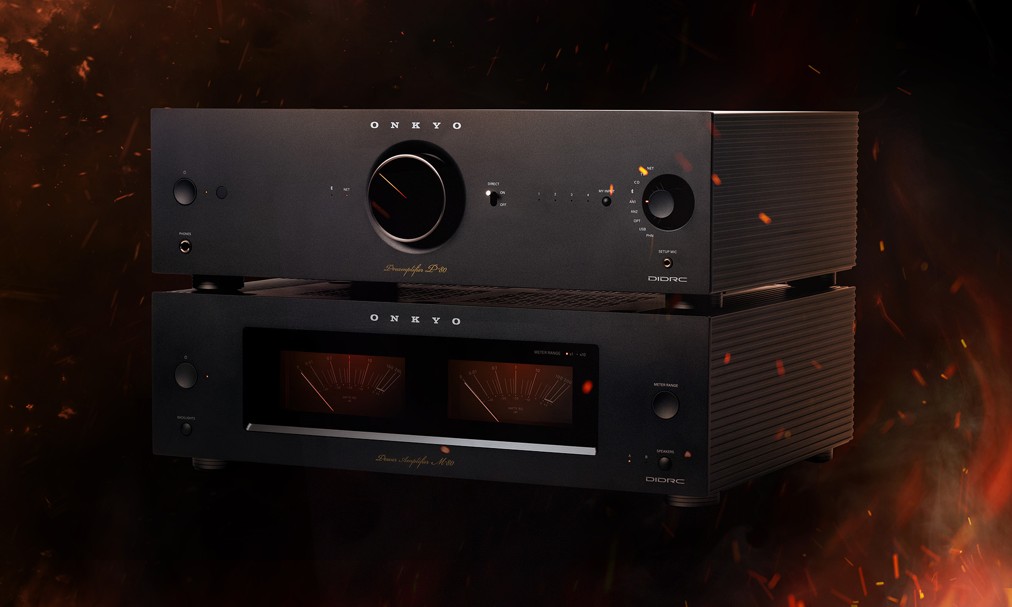 Onkyo Odyssey 02 Icon Amplifiers on fiery background 2000x1200
