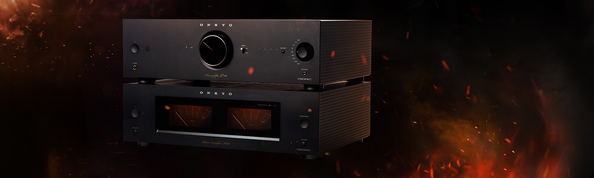 Onkyo Odyssey 02 Icon Amplifiers on fiery background 2000x600