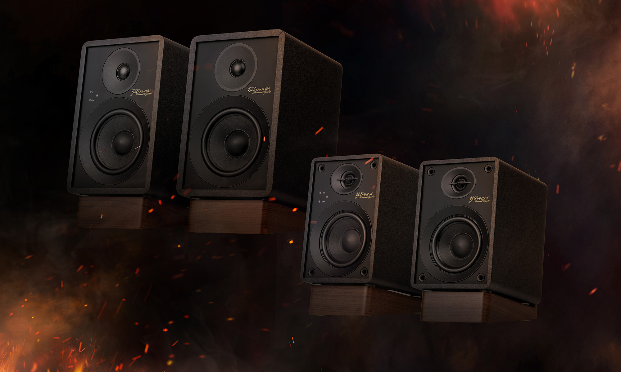 Onkyo Odyssey 03 Creator Onkyo speakers on fiery background 2000x1200