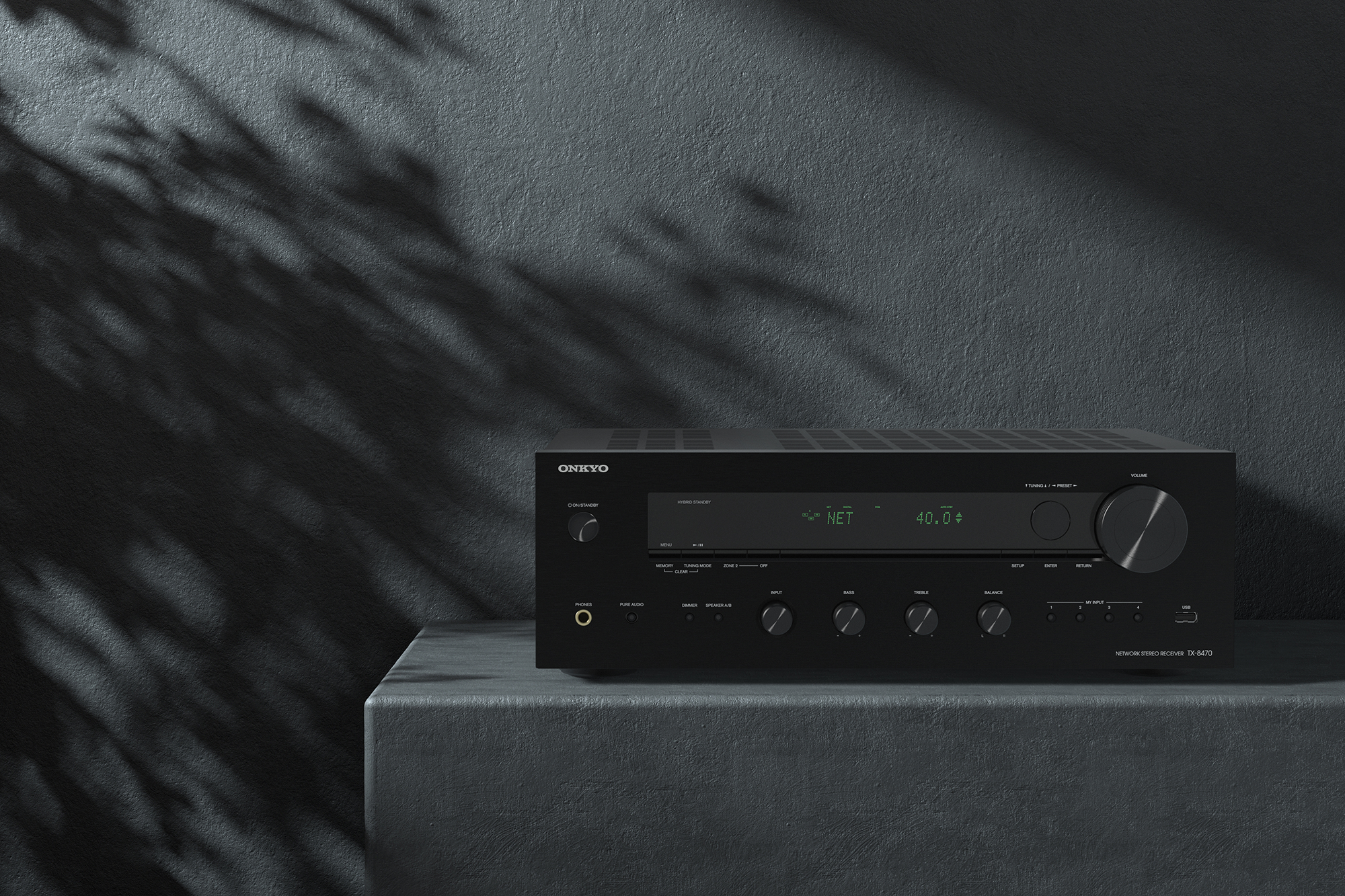 Onkyo TX 8470 MDC in beautiful dark setting with shadows on wall behind 2000x1333