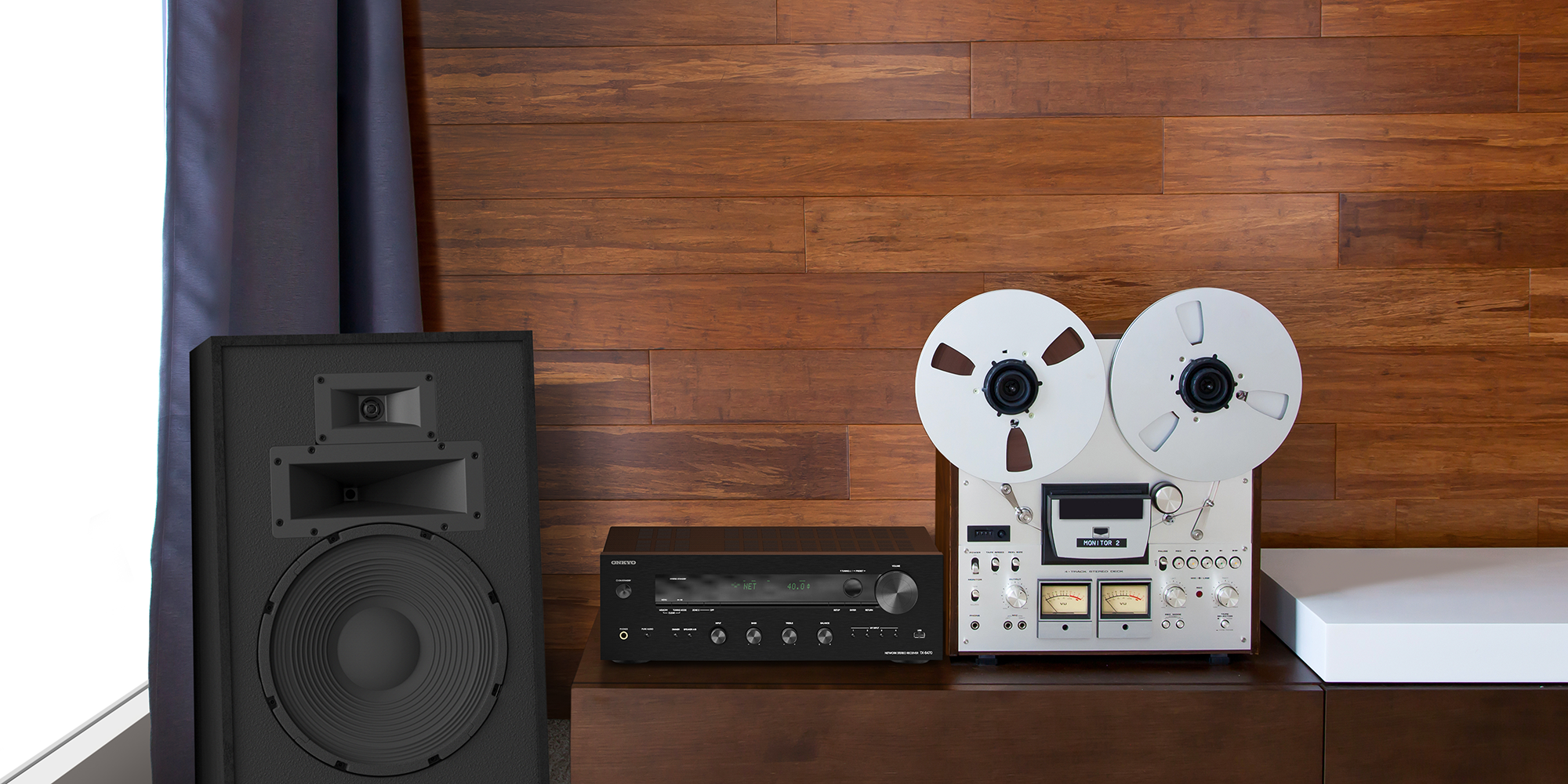 Onkyo TX 8470 MDC with Klipsch Heresy IV in Wood Wall Listening Room 2000x1000