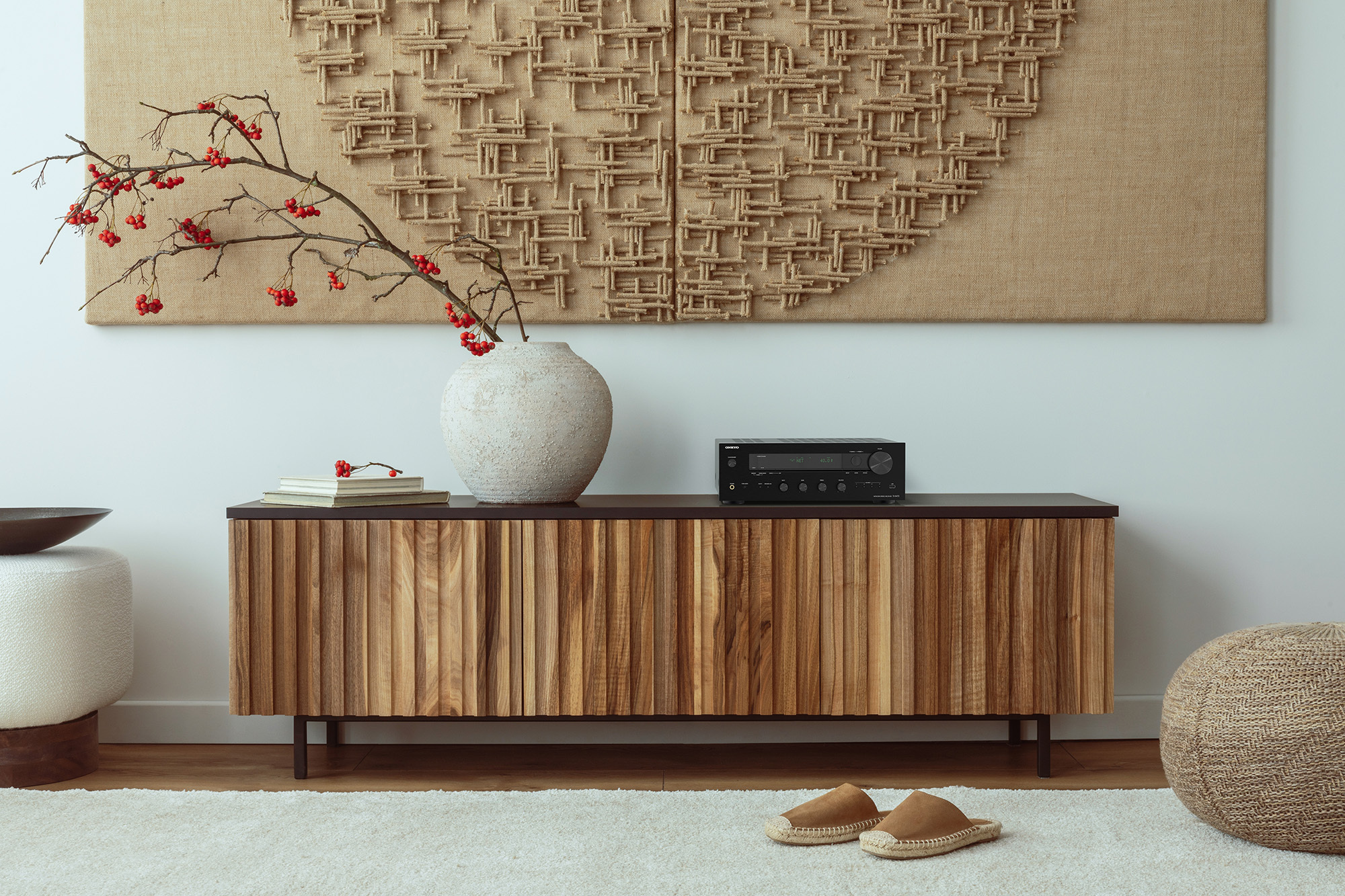 Onkyo TX 8470 MMP on wood slat console with modern Japanese inspired decor 2000x1333