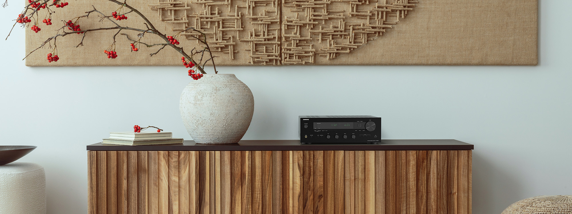 Onkyo TX 8470 MMP on wood slat console with modern Japanese inspired decor 2000x750