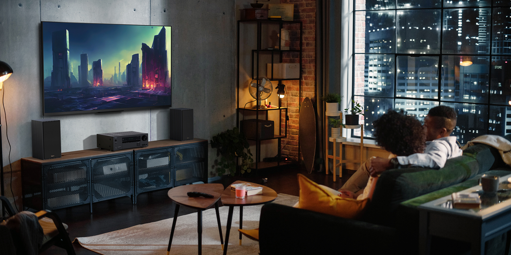 Onkyo TX SR3100 and Klipsch R 50 M in City Apartment Couple Watching Movie 2000x1000