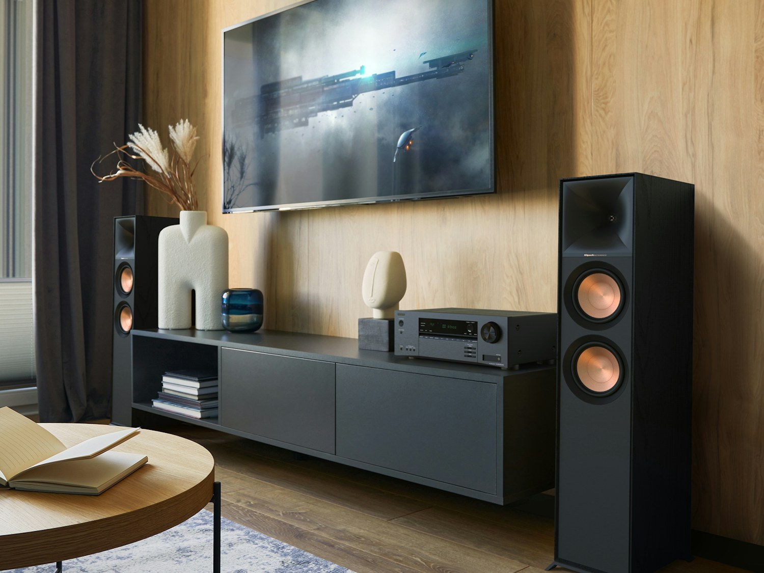 Onkyo TX SR3100 DAB AVR and Klipsch R 600 F speakers in modern living room against wood wall 2000x1500