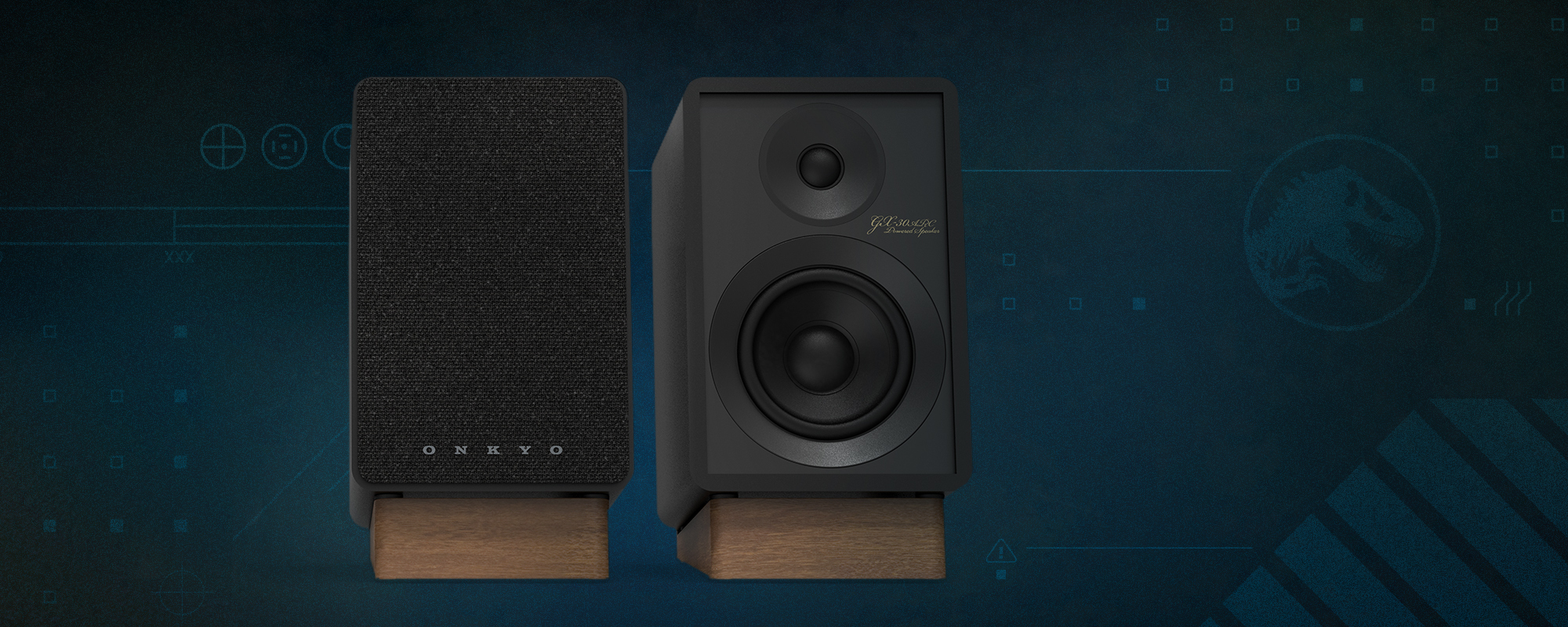 Onkyo x Jurassic World Rebirth Creator Series Powered Monitors on dark background with Essex ship graphics 2000x600