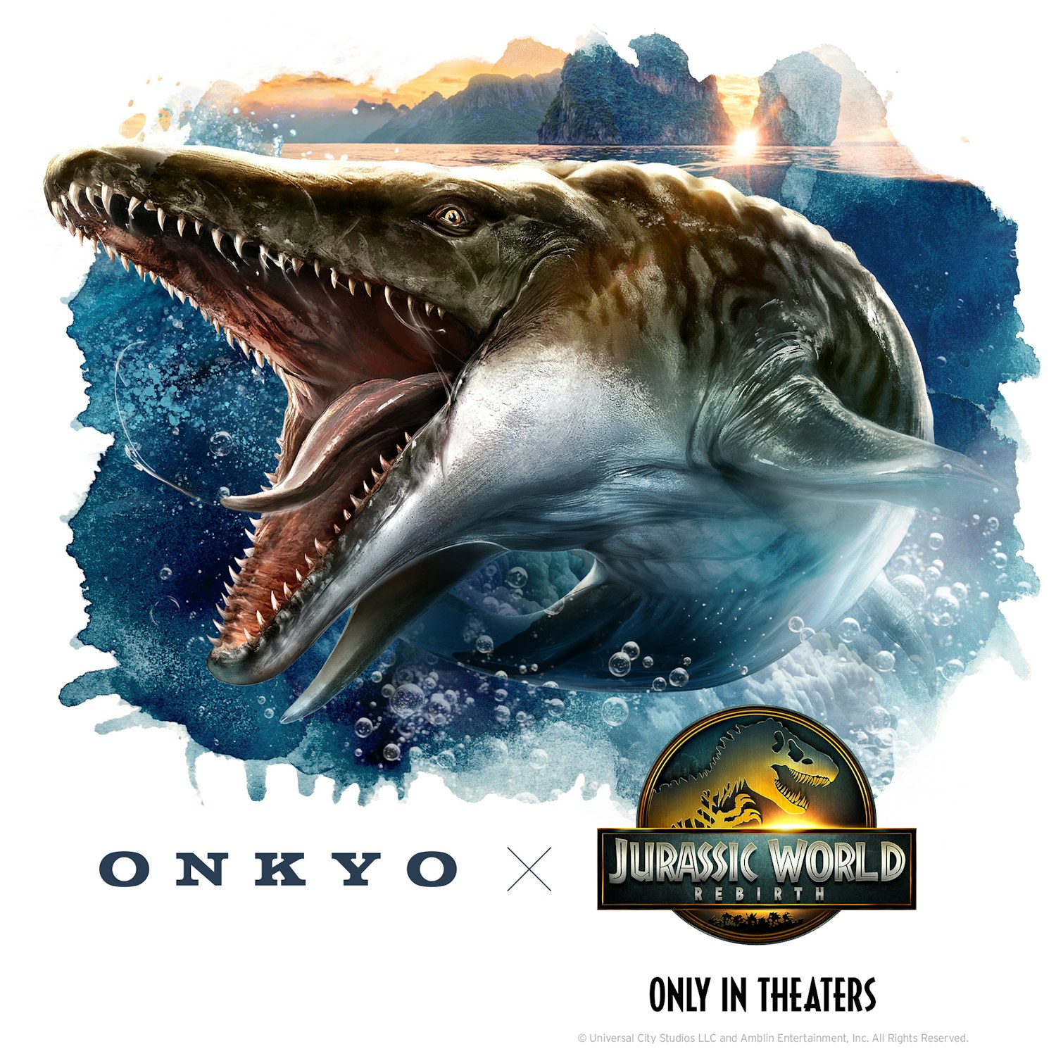 Onkyo x Jurassic World Rebirth Epic Experience Mosasaurus in ocean with logos v02 2000x2000