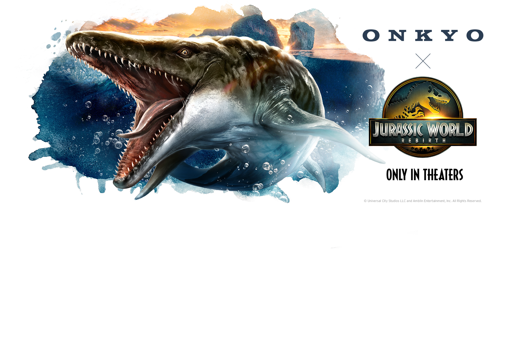 Onkyo x Jurassic World Rebirth Epic Experience Mosasaurus in ocean with logos for homepage 2000x1300