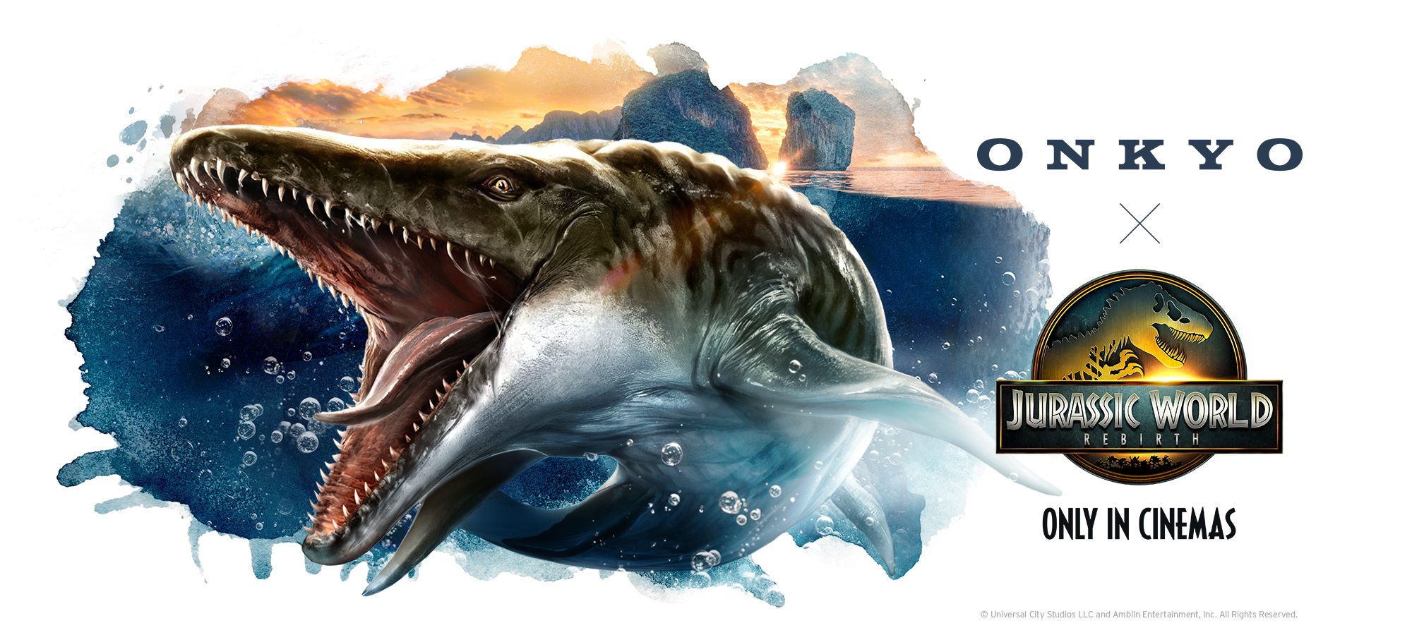 Onkyo x Jurassic World Rebirth INTL Epic Experience Mosasaurus in ocean with logos v02 2000x900