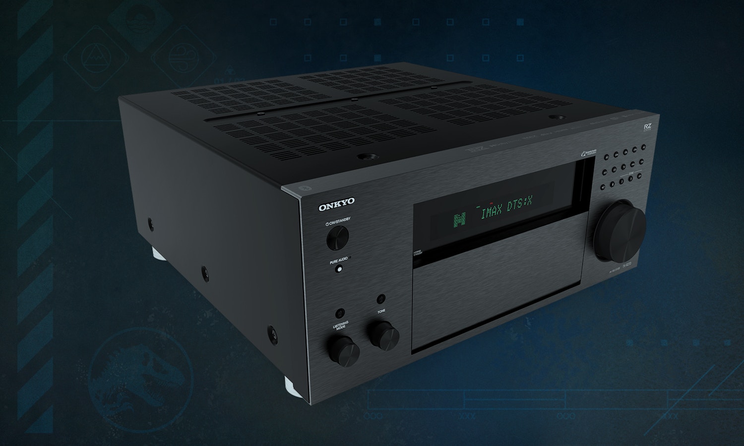Onkyo x Jurassic World Rebirth RZ Series AVR on dark background with Essex ship graphics 2000x1200