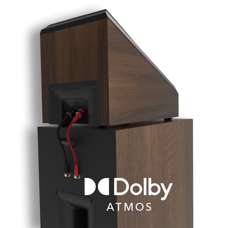 RP 5000 F II rear view displaying connections to an RP 500 SA Dolby Atmos elevation speaker with Dolby Atmos logo mobile
