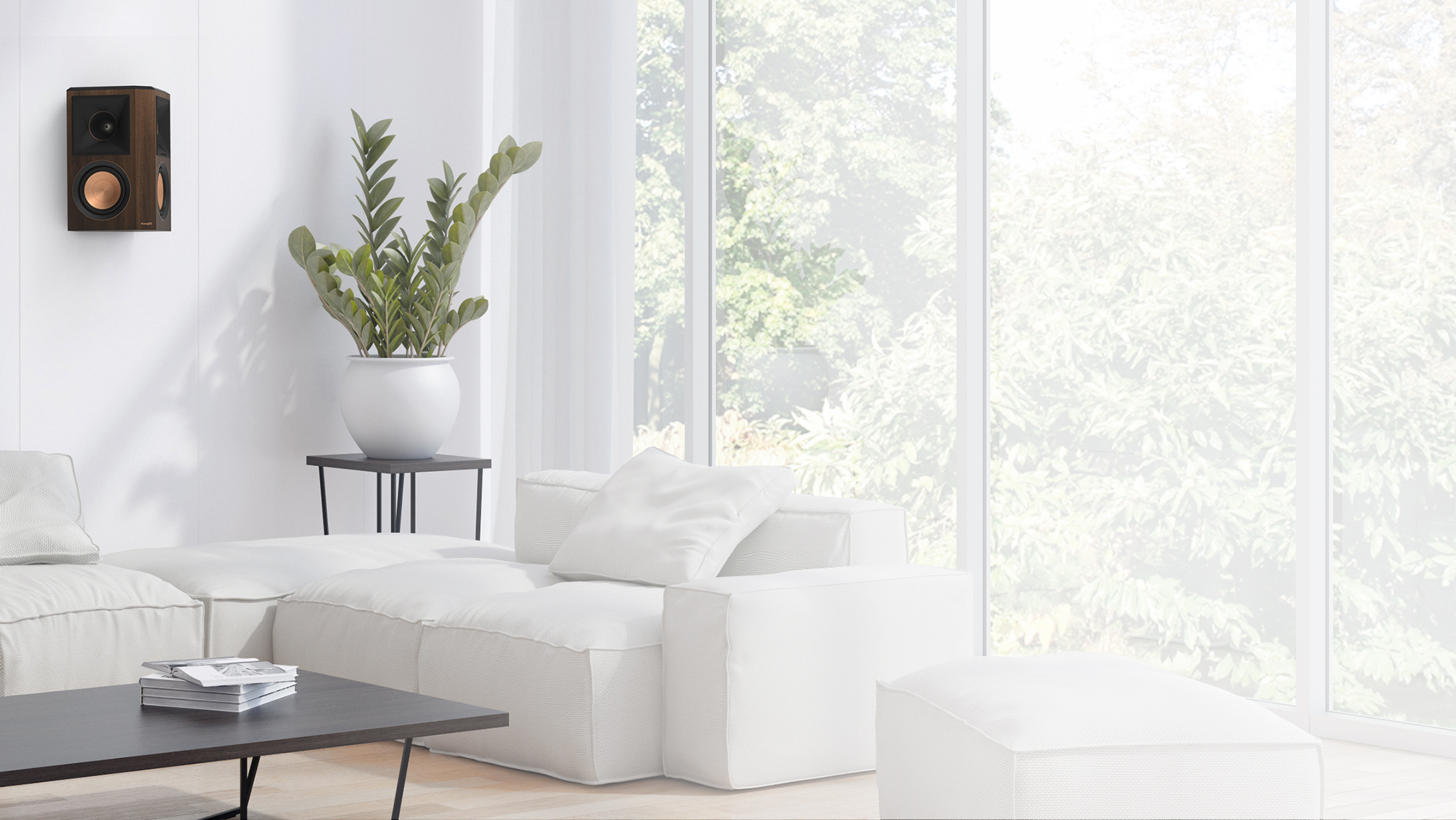 RP 502 S II surround speaker in walnut finish hung on a white wall near a living rooms corner