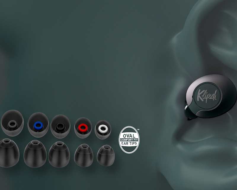 Six pairs of Color Coded oval comfort fit ear tips next to an illustration of a Klipsch T5 II True Wireless ANC Earphone positioned in an ear Desktop