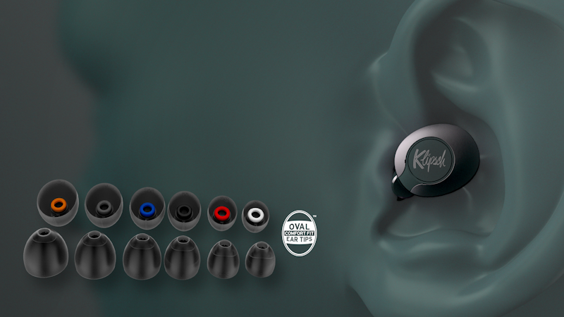 Six pairs of Color Coded oval comfort fit ear tips next to an illustration of a Klipsch T5 II True Wireless ANC Earphone positioned in an ear Desktop