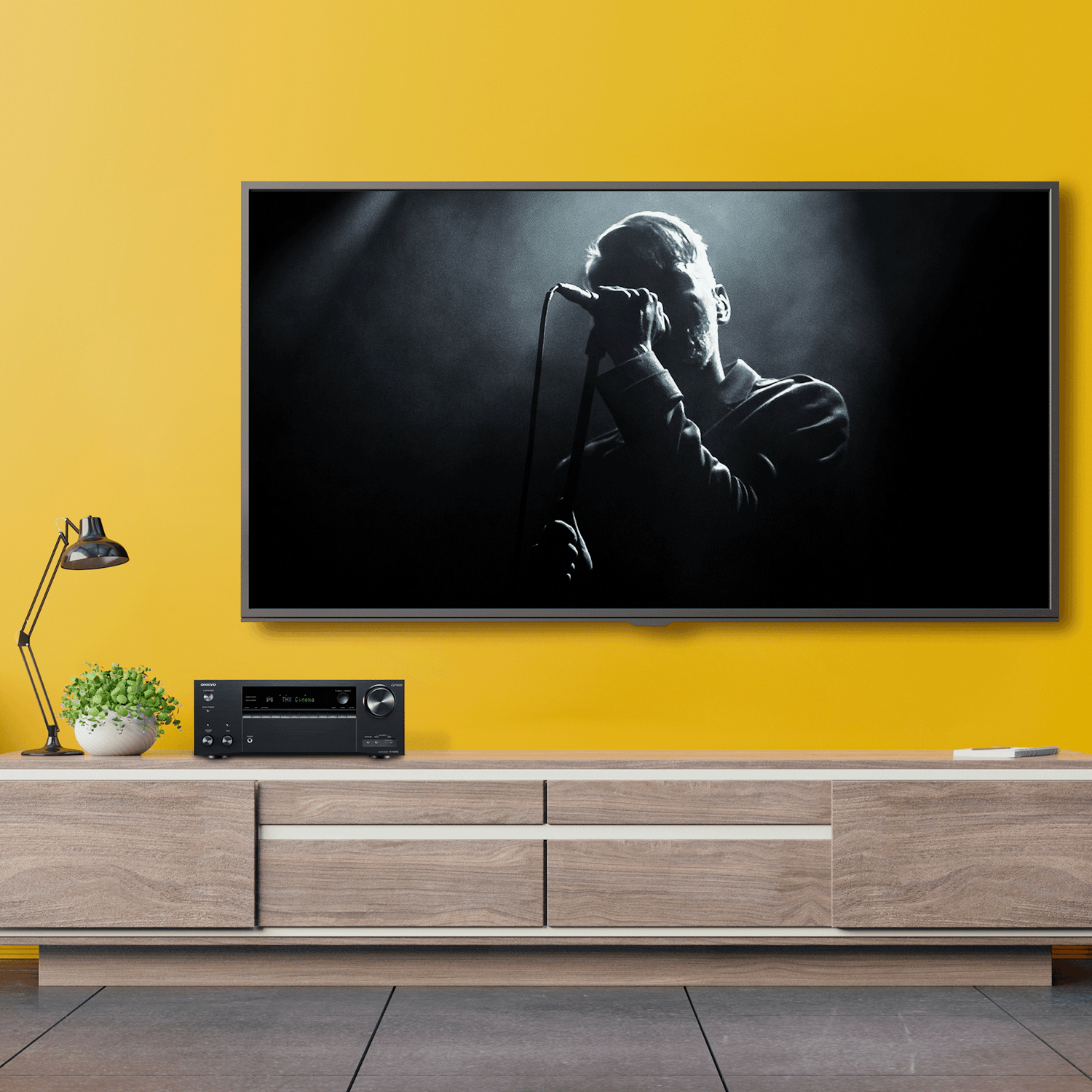 TX NR696 Playing Concert in Living Room with Yellow Wall 2000x2000