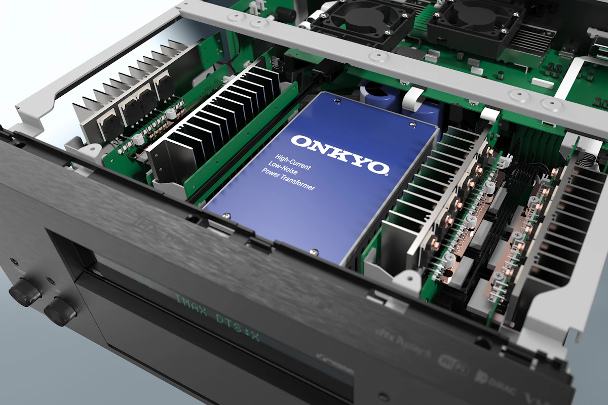 Onkyo TX-RZ70 — receiver flagship com tampa aberta mostrando componentes