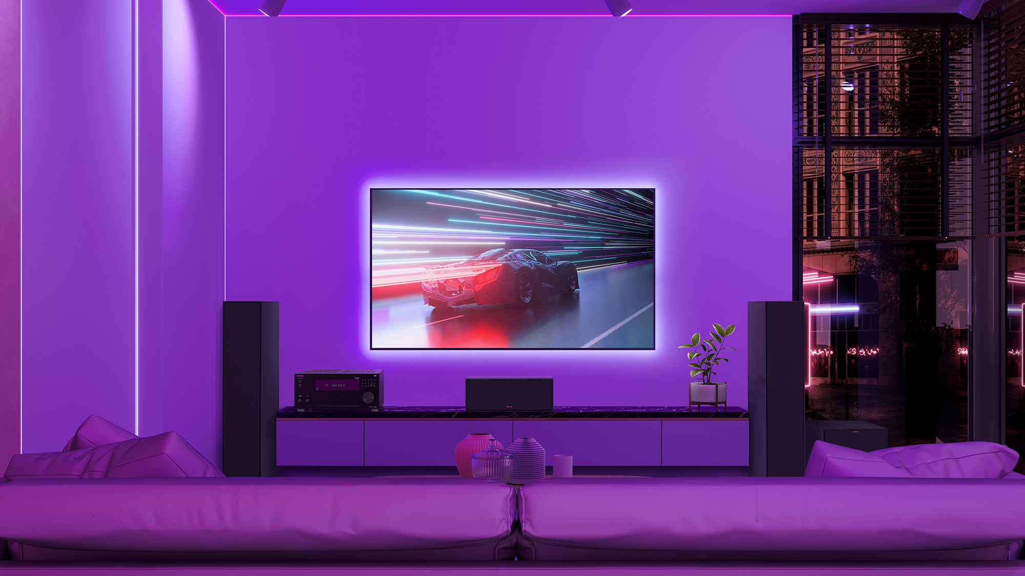 TX RZ70 and Klipsch Home Theater System in Purple LED Lit High Rise Condo 2000x1333