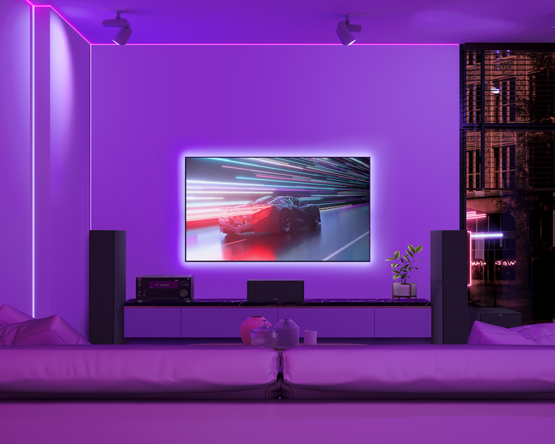 TX RZ70 and Klipsch Home Theater System in Purple LED Lit High Rise Condo 2000x1333