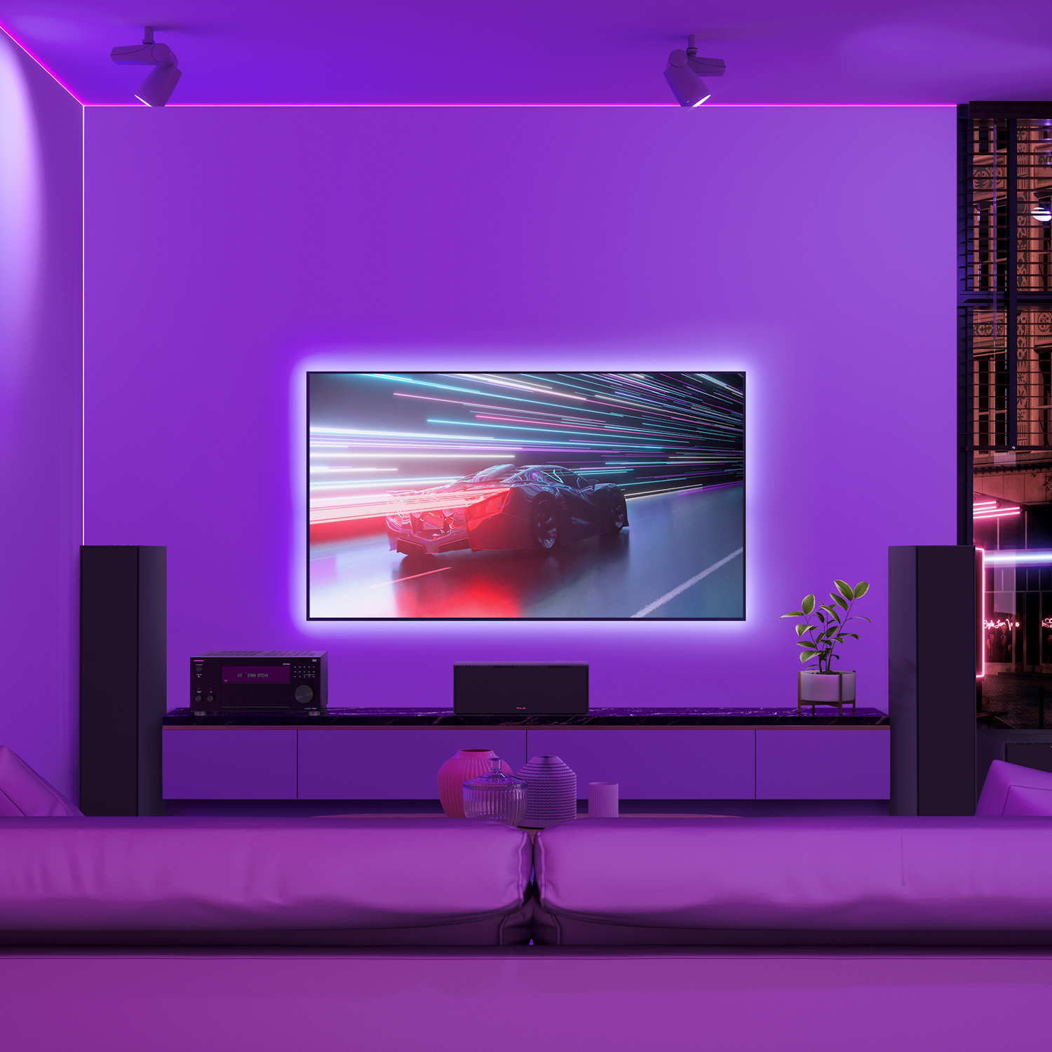 TX RZ70 and Klipsch Home Theater System in Purple LED Lit High Rise Condo 2000x2000
