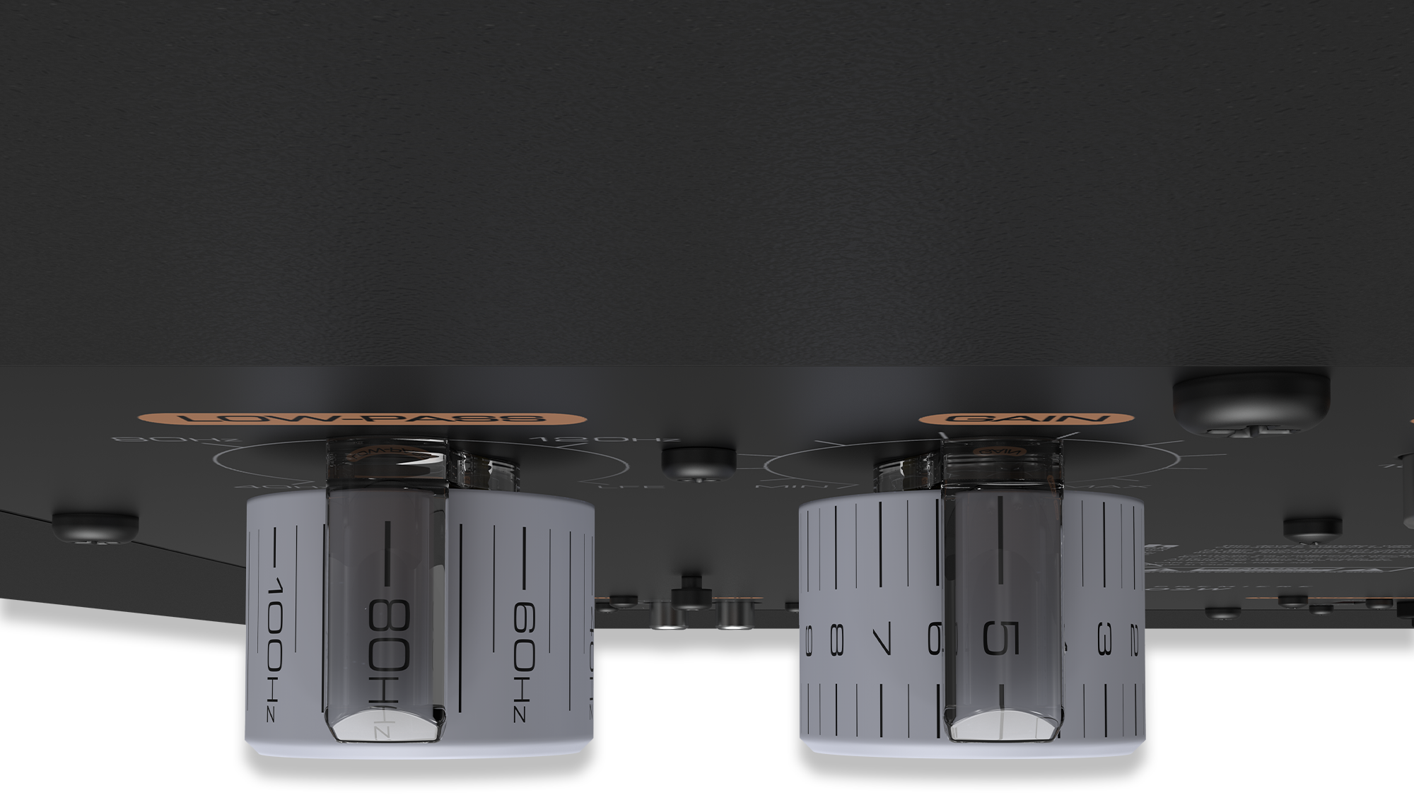 Top down view of knobs on the amplifier of an RP 1000 SW