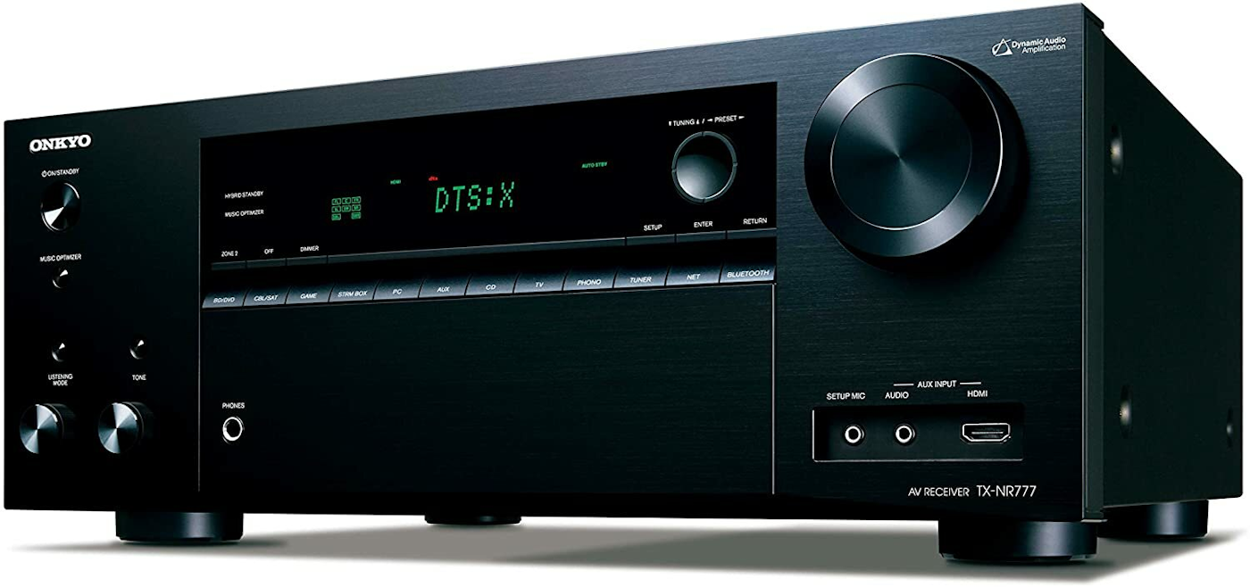 TX-NR777 AV Receiver front panel facing left with DTS:X display