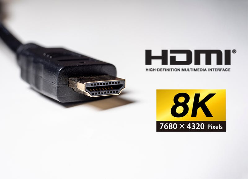 HDMI cable with HDMI logo and 8K 7680X4320 pixels graphic overlay