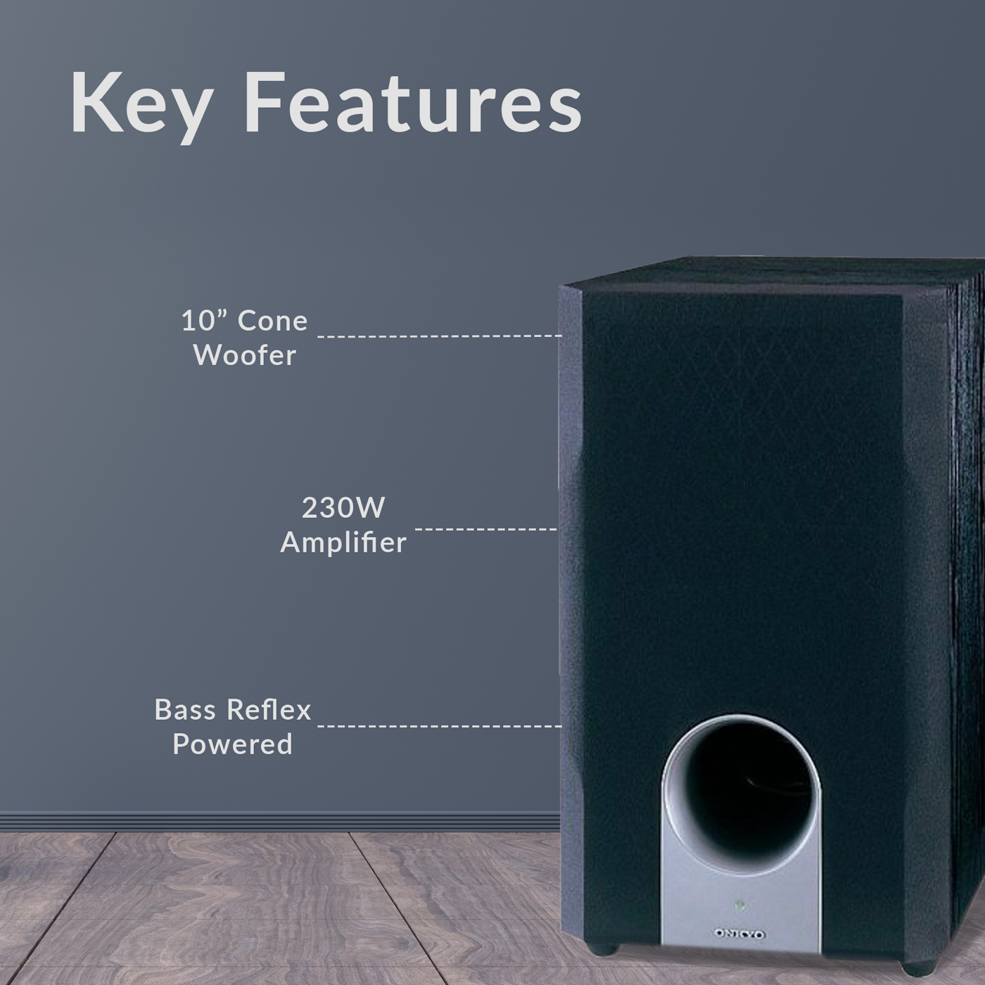 Key Features of an Onkyo amplifier called out on a wooden surface