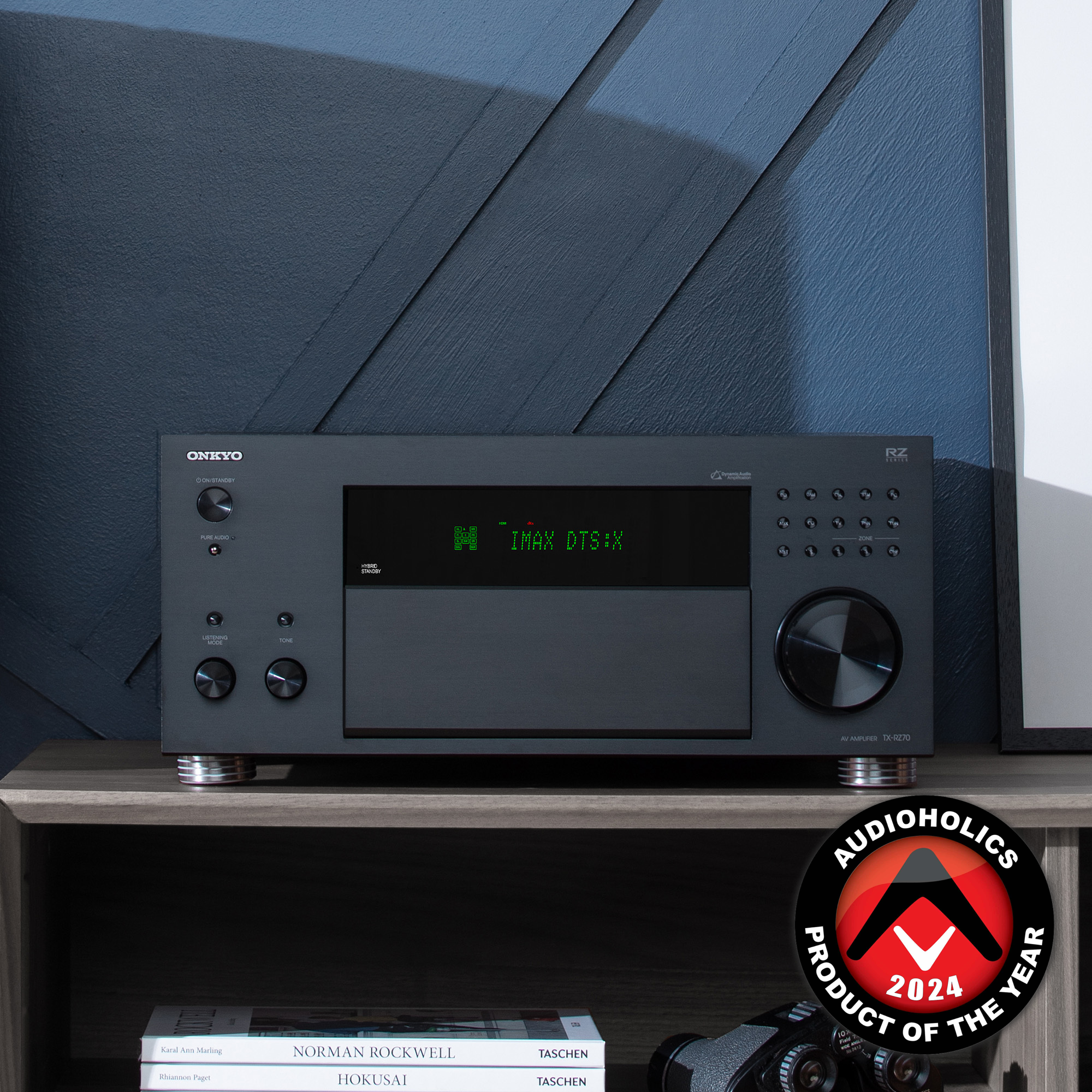 Onkyo RZ 70 lifestyle product shot with Audioholics Product of the year Award 2026 2000x2000